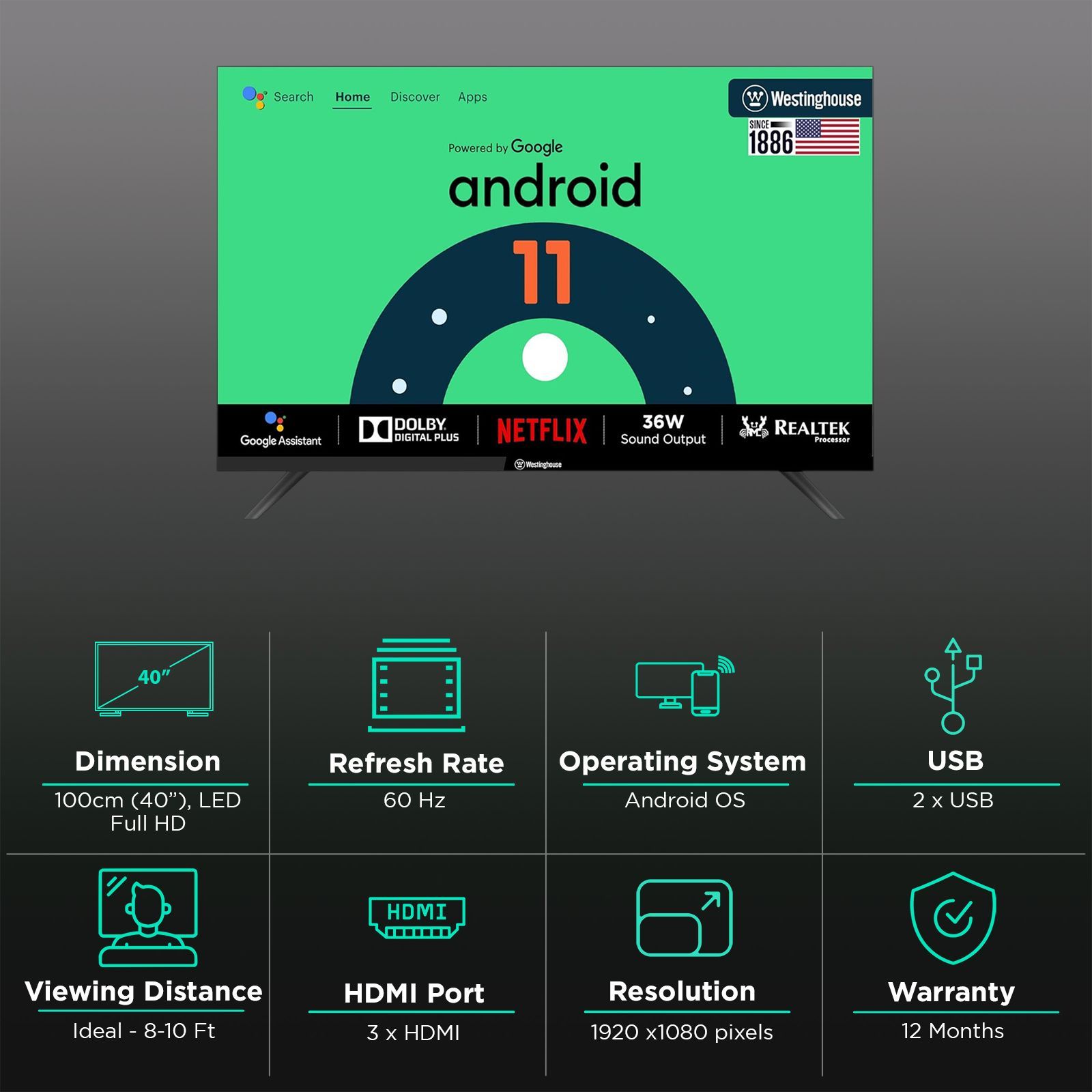 Westinghouse W2 Series 101.6 cm (40 inch) Full HD LED Smart Android TV with Built-in Google Assistant (2023 model) Westinghouse W2 Series 101.6 cm (40 inch) Full HD LED Smart Android TV with Built-in Google Assistant (2023 model)_3