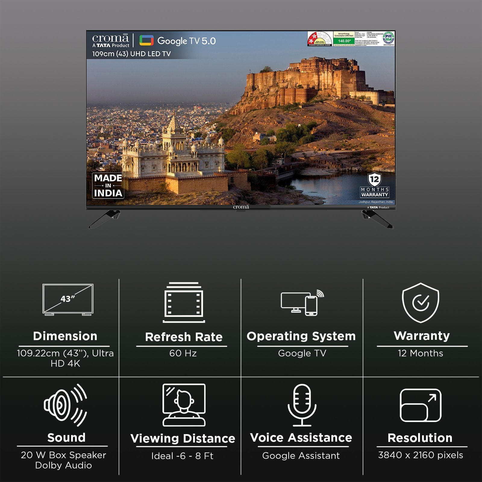 Croma 109 cm (43 inch) LED 4K Ultra HD Smart Google TV 5.0 with Dolby Audio Croma 109 cm (43 inch) LED 4K Ultra HD Smart Google TV 5.0 with Dolby Audio_2
