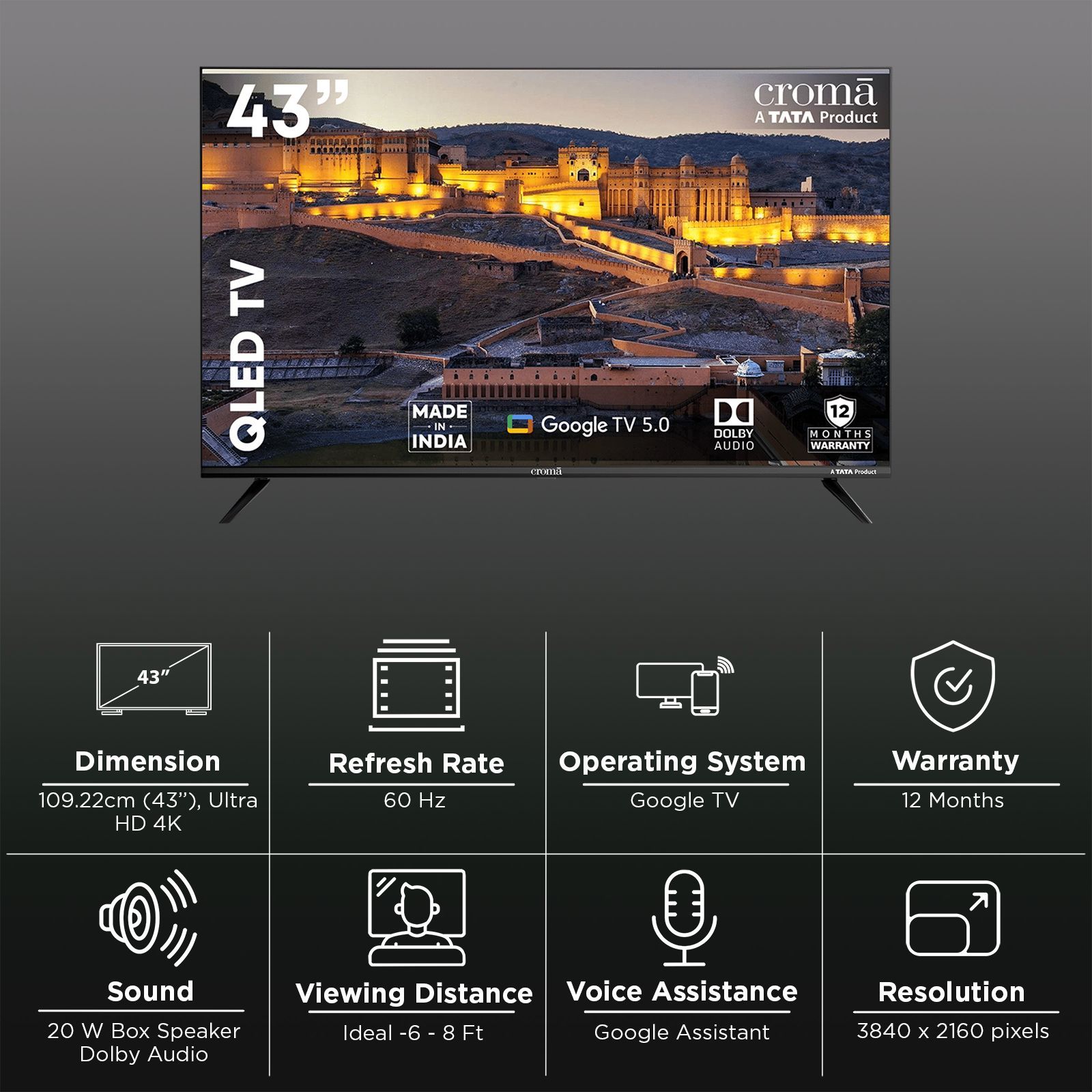 Croma 109.22 cm (43 inch) QLED 4K Ultra HD Smart Google TV 5.0 with Dolby Audio (2025 model)_2
