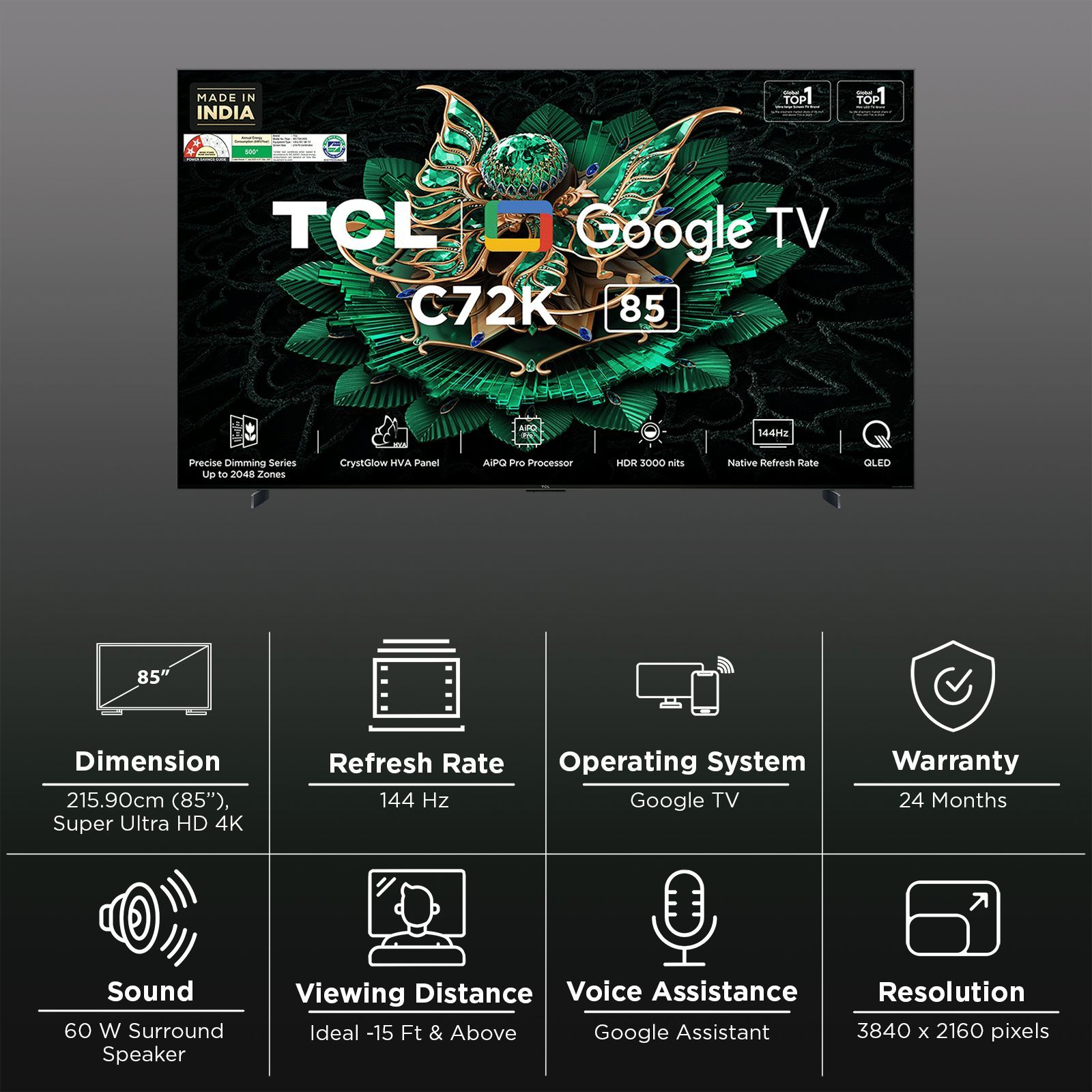 TCL C72K 215 cm (85 inch) 4k Ultra HD Google TV with Precise Dimming Technology (2025 model)_4