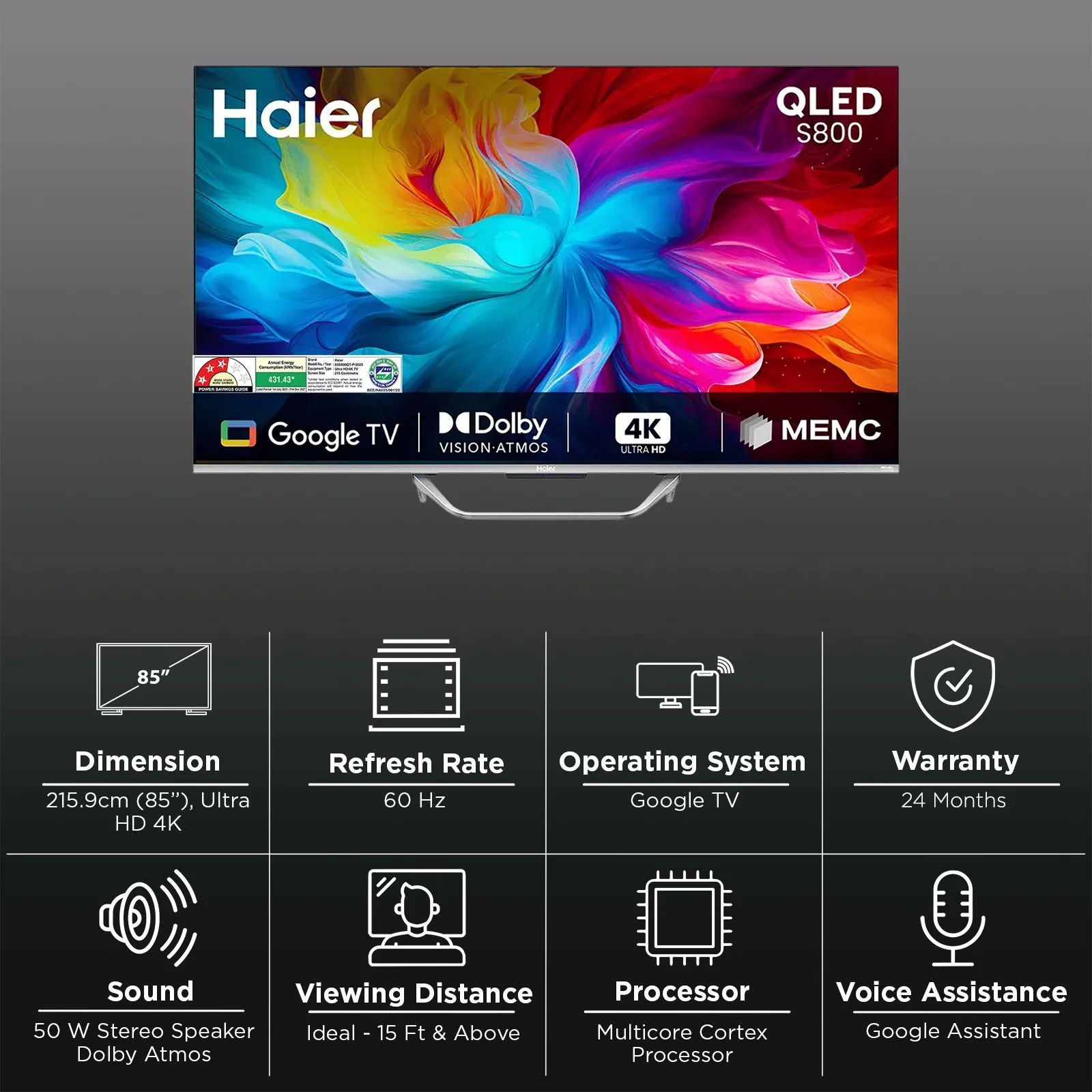 Haier S800 215 cm (85 inch) QLED 4K Ultra HD Smart Google TV with Google Assistant (2025 model)_3