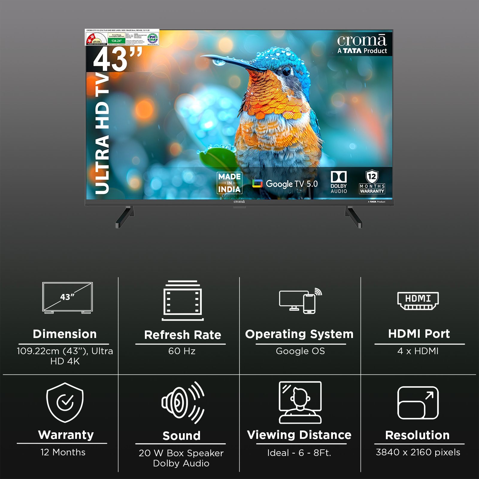 Croma 109 cm (43 inch) 4K Ultra HD LED Smart Google TV with Dolby Audio (2025 model)_3