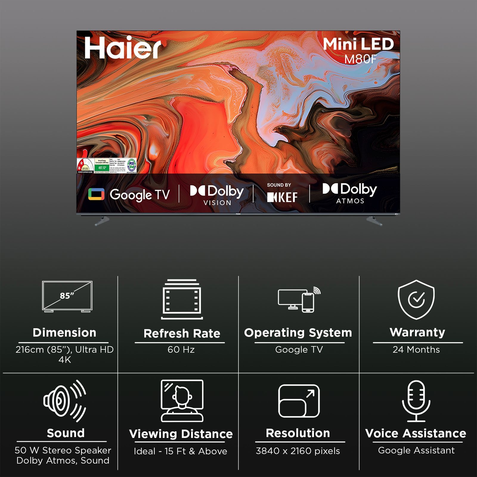 Haier M80F 125 cm (85 inch) 4K Ultra HD Mini LED Smart Google TV with Google Assistant Support (2025 Model)_3