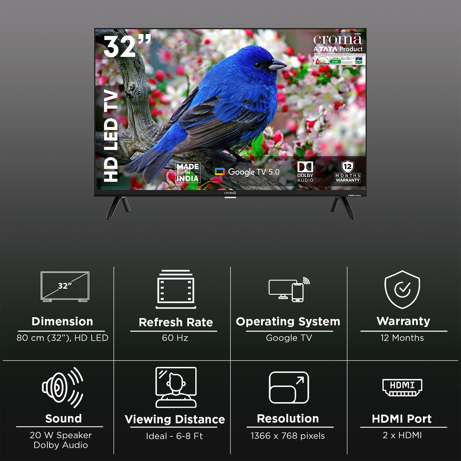 Croma 80cm (32 inch) 1 Star HD LED Smart Google TV with Google Assistant (2026 Model)_3