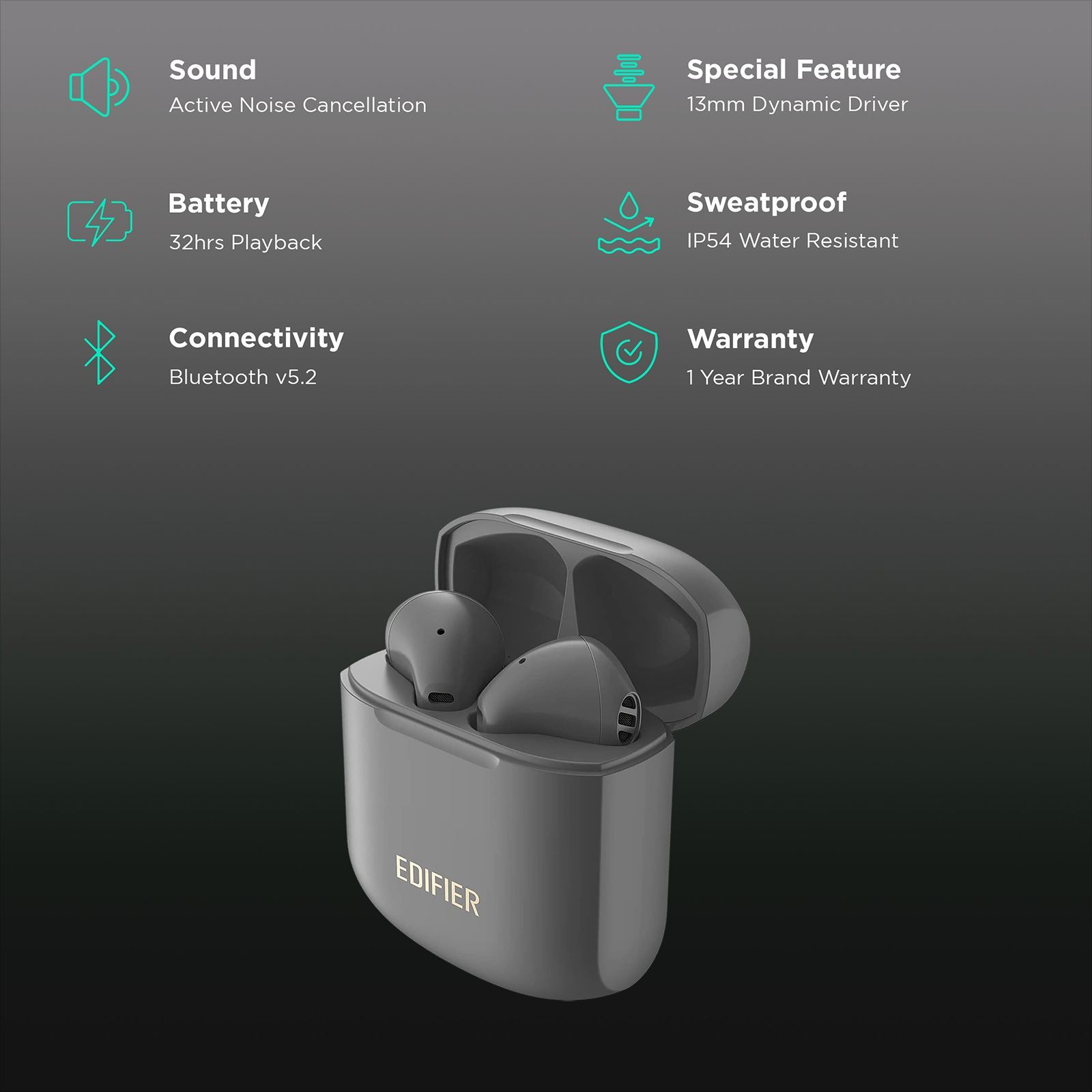 EDIFIER TWS200 Truly Wireless Earbuds With Active Noise Cancellation ( 13mm LCP Diaphragm, Grey)_2