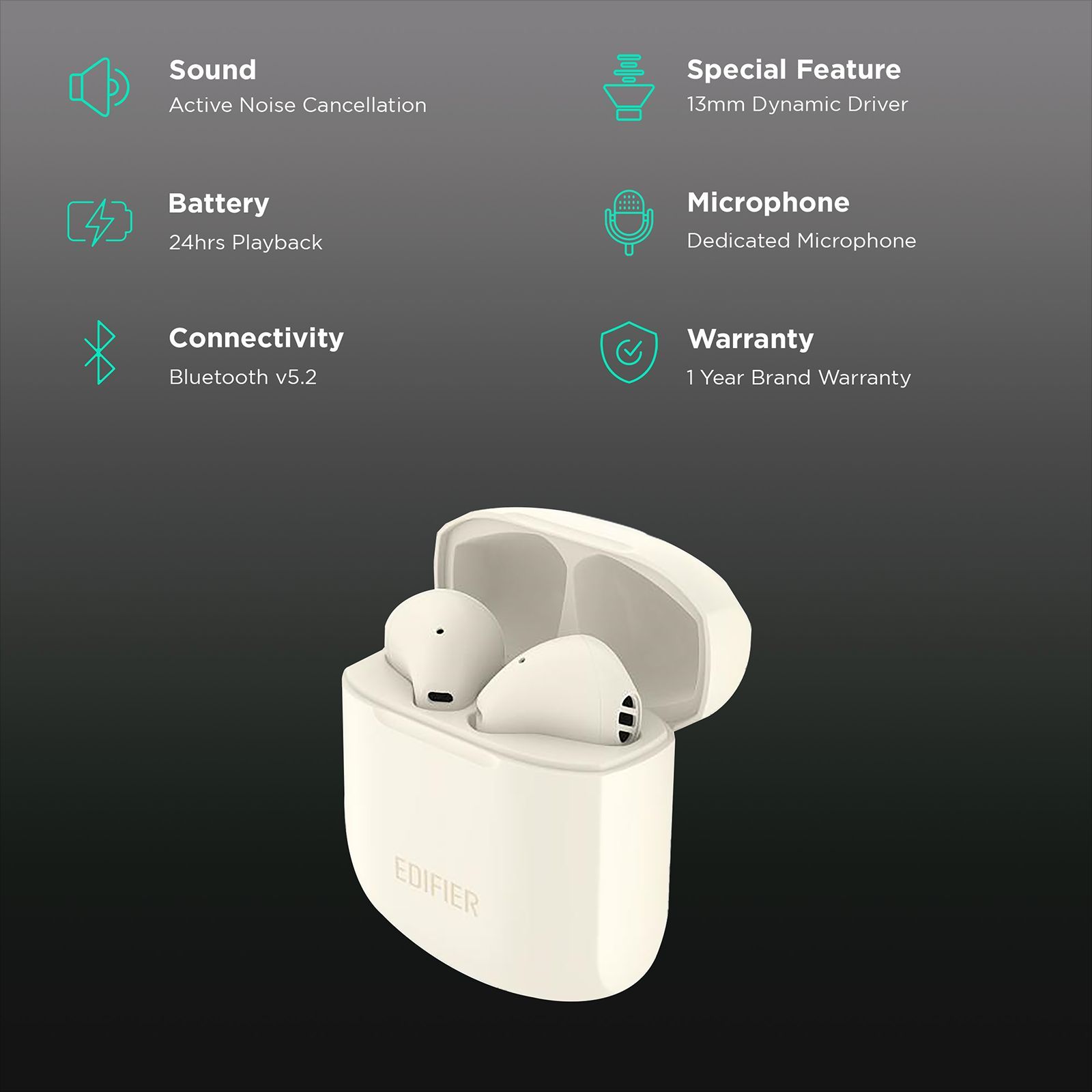 EDIFIER TWS200 Truly Wireless Earbuds With Active Noise Cancellation ( 13mm LCP Diaphragm, Ivory)_2