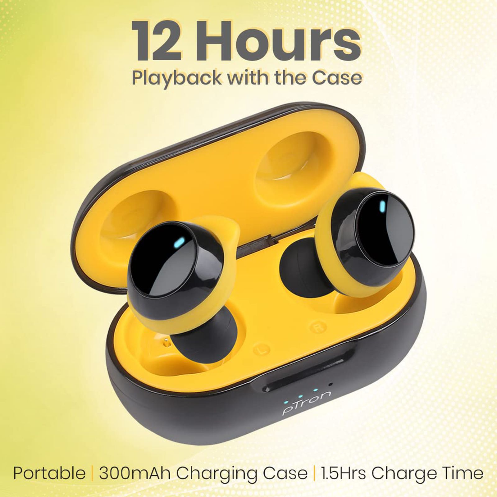 pTron Bassbuds Evo TWS Earbuds with Passive Noise Cancellation (Water Resistant, Fast Charging, Black and Yellow)_2