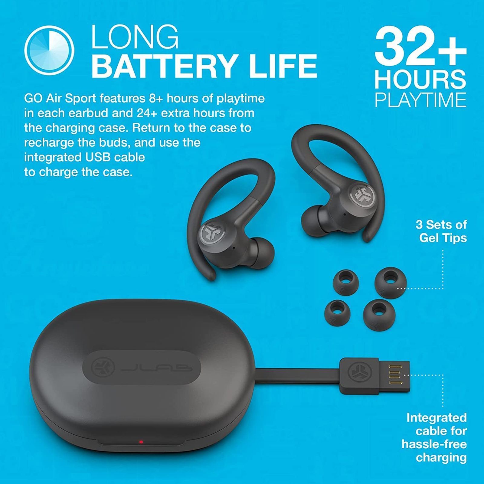 JLAB Go Air Sport IEUEBGAIRSPRTRBLK1 TWS Earbuds (IP55 Water & Sweat Resistant, 32 Hours Playback, Graphite)_12