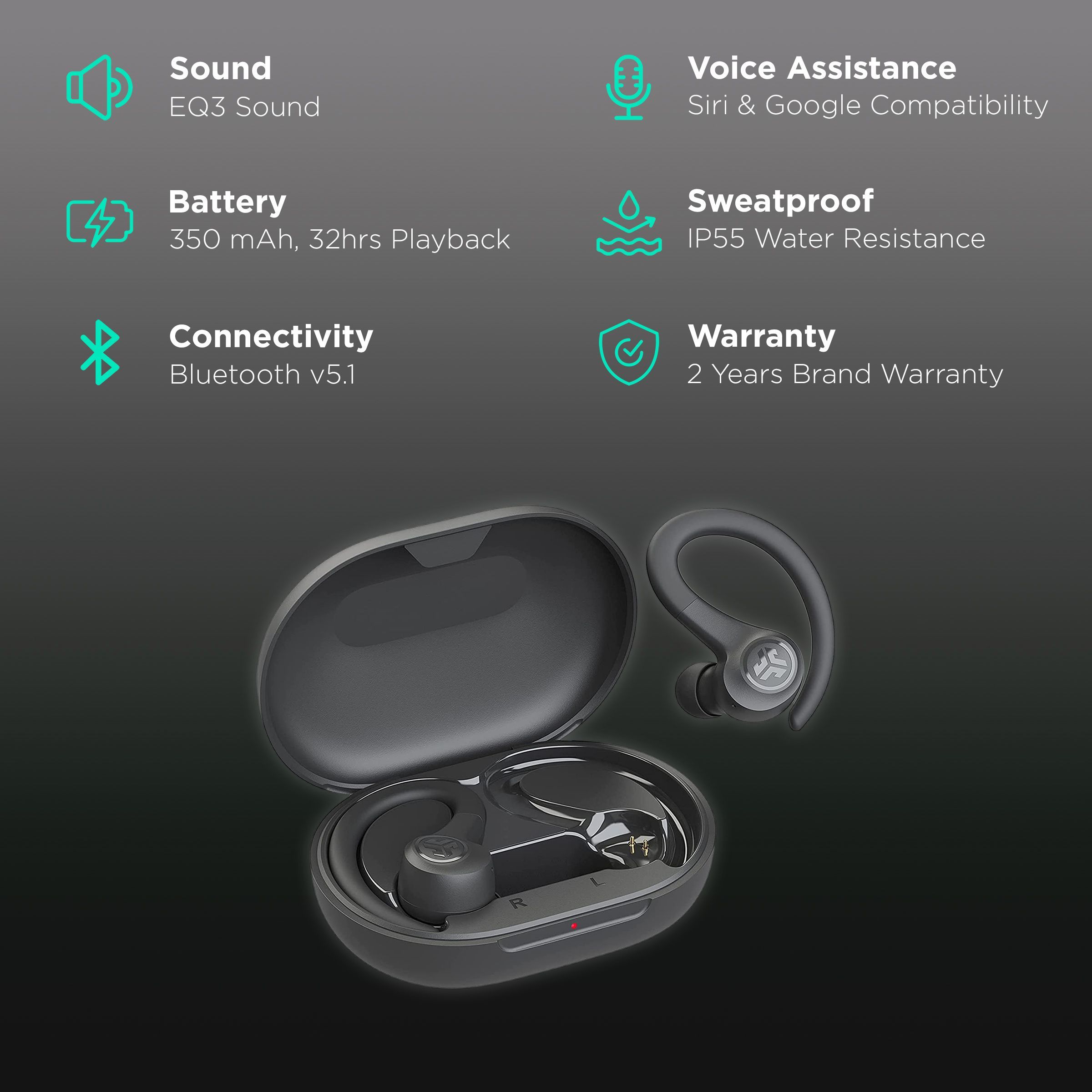 JLAB Go Air Sport IEUEBGAIRSPRTRBLK1 TWS Earbuds (IP55 Water & Sweat Resistant, 32 Hours Playback, Graphite)_2