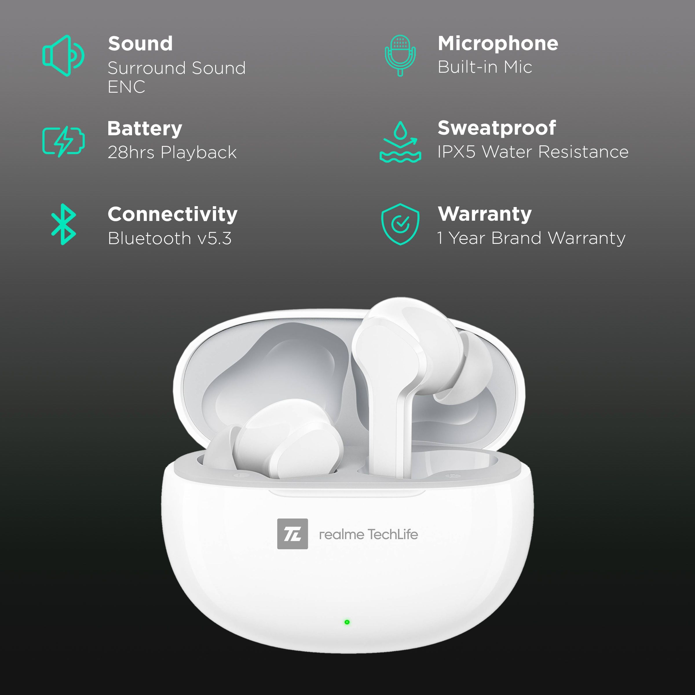 realme Techlife RMA2109 Earbuds with AI Environment Noise Cancellation (IPX5 Water Resistant, Google Fast Pair, White)_2