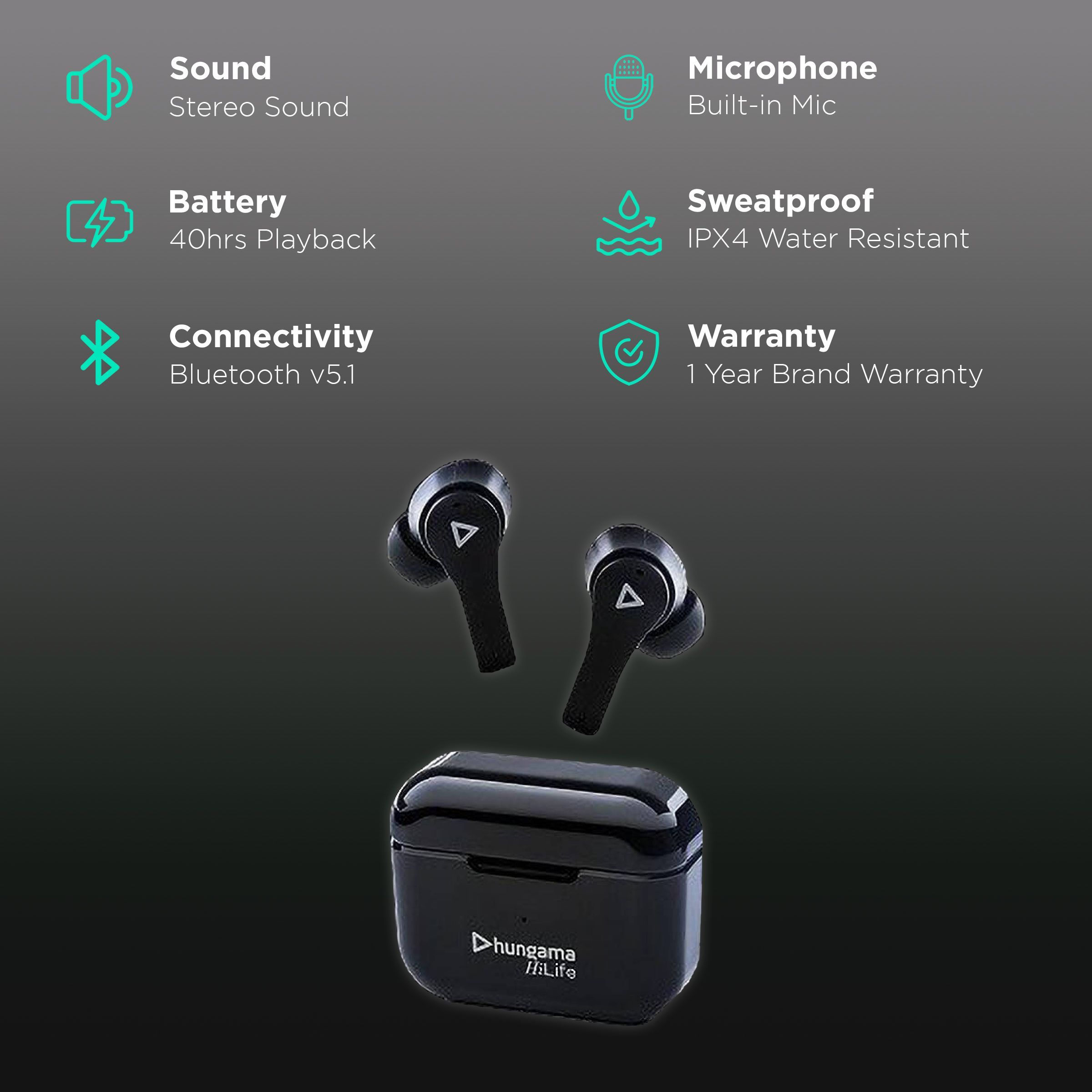 Hungama HiLife Bounce 301 TWS Earbuds (IPX4 Water & Sweat Resistant, Upto 40 Hours Playback, Black)_2