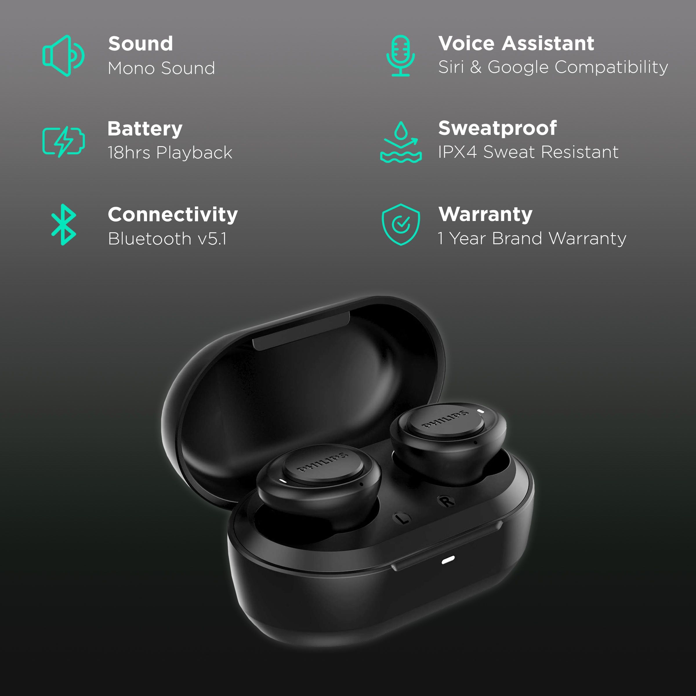 PHILIPS TAT1215 TWS Earbuds (IPX4 Splash & Sweat Resistant, Upto 18 Hours Playback, Black)_2