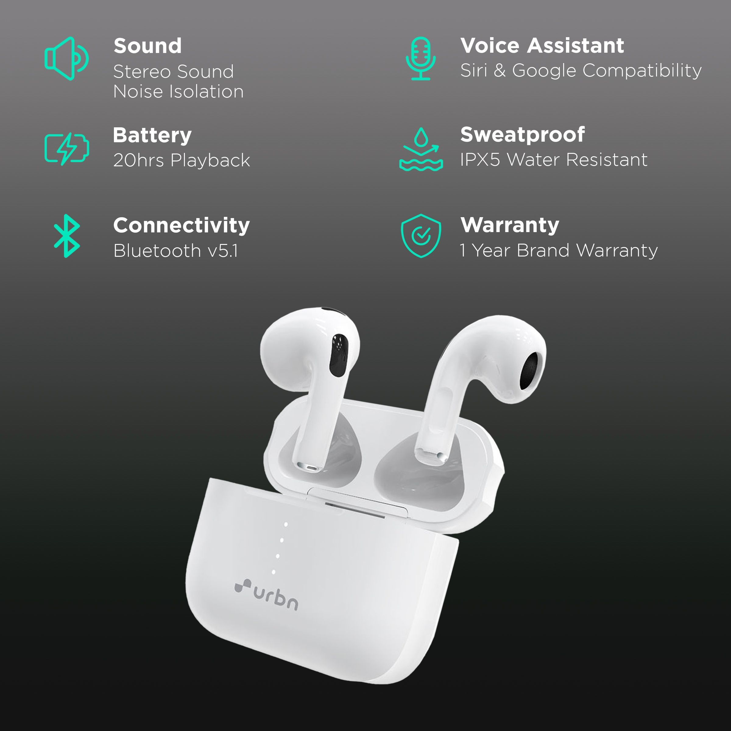 urbn Beat 600 TWS Earbuds with Noise Isolation (IPX5 Water & Sweat Resistant, Upto 20 Hours Playback, White) urbn Beat 600 TWS Earbuds with Noise Isolation (IPX5 Water & Sweat Resistant, Upto 20 Hours Playback, White)_2
