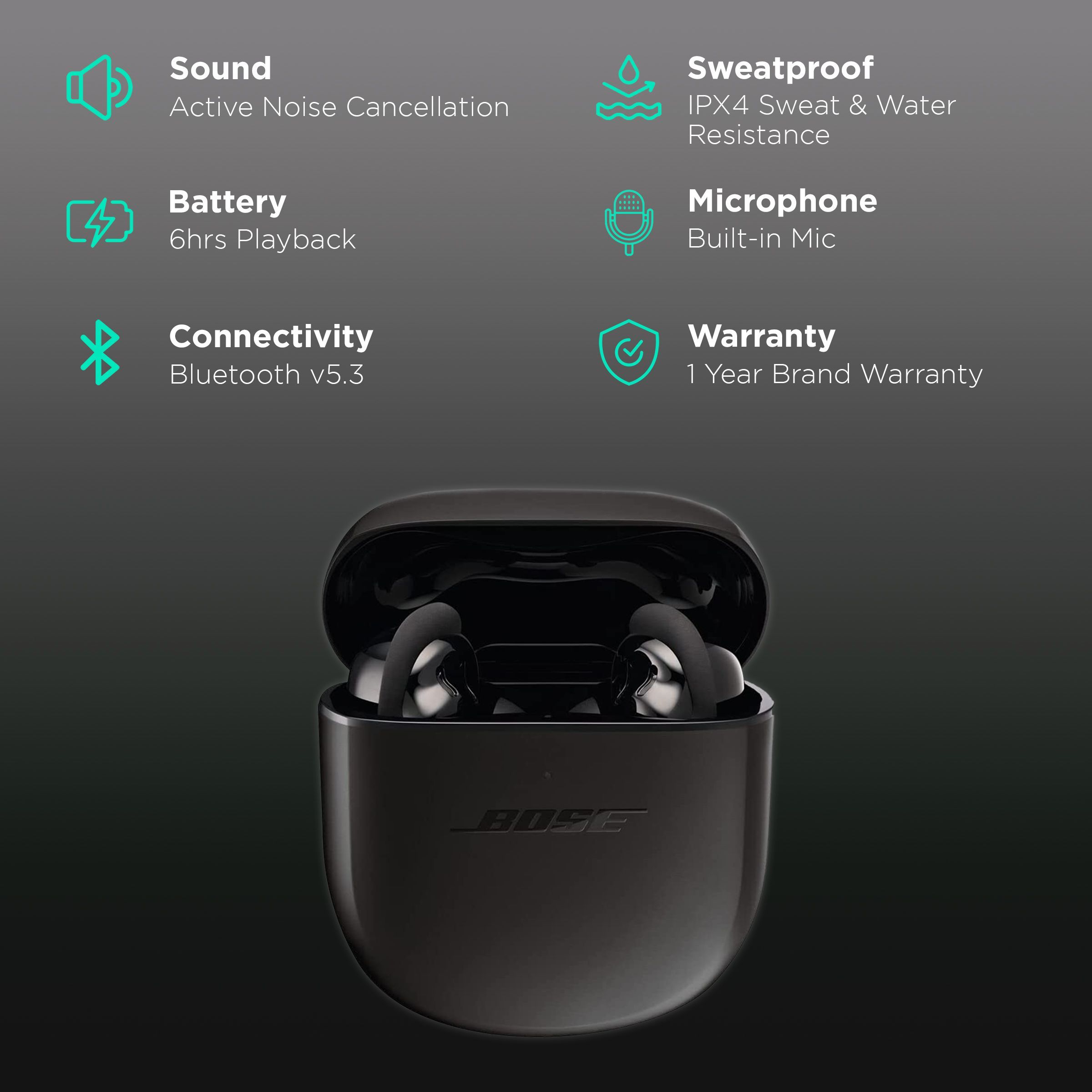 BOSE QuietComfort II TWS Earbuds with Active Noise Cancellation (IPX4 Water Resistant, Up to 6 Hours Playback, Triple Black)_2