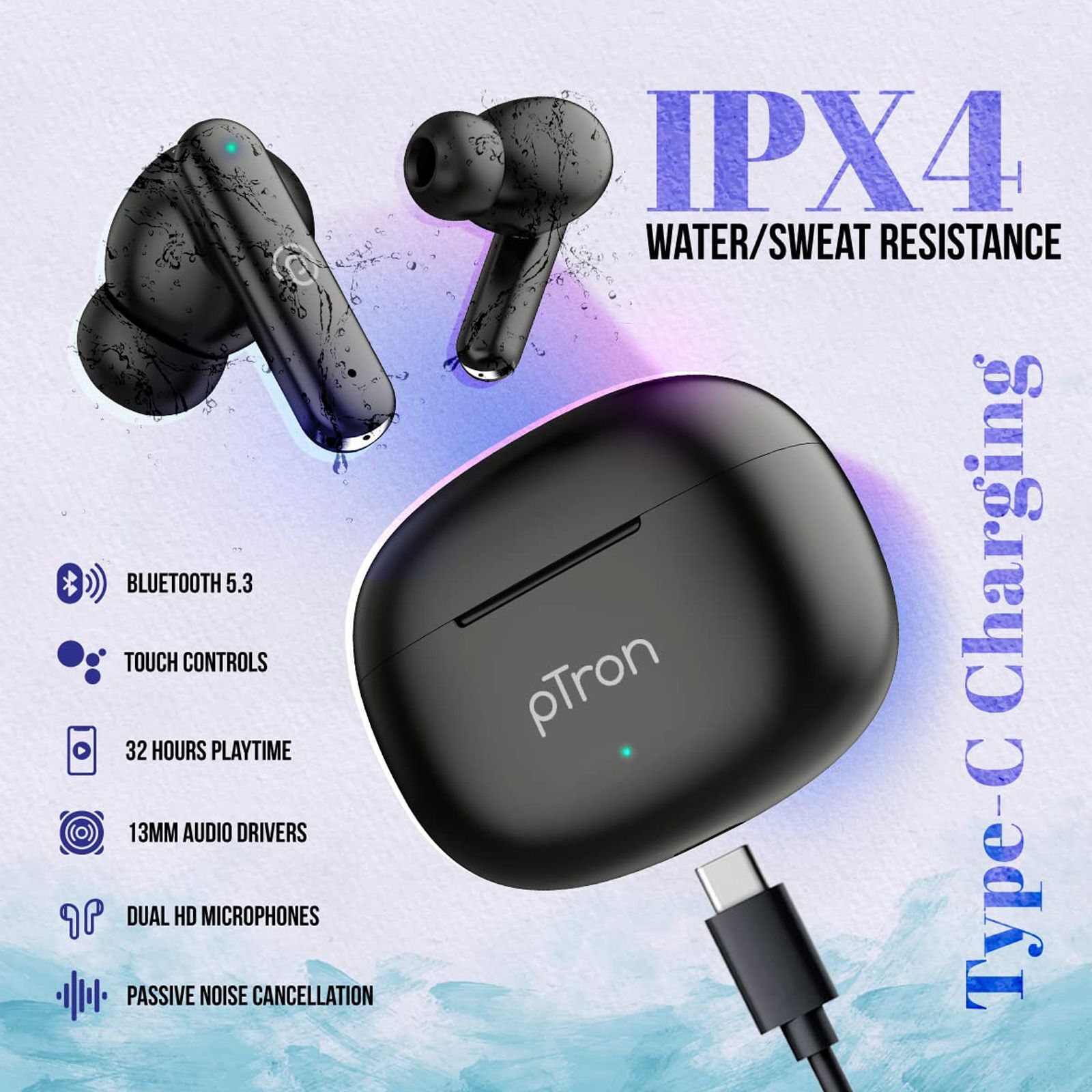 pTron Bassbuds Air 140318669 TWS Earbuds with Passive Noise Cancellation (IPX4 Water Resistant, Touch Control, Black)_4