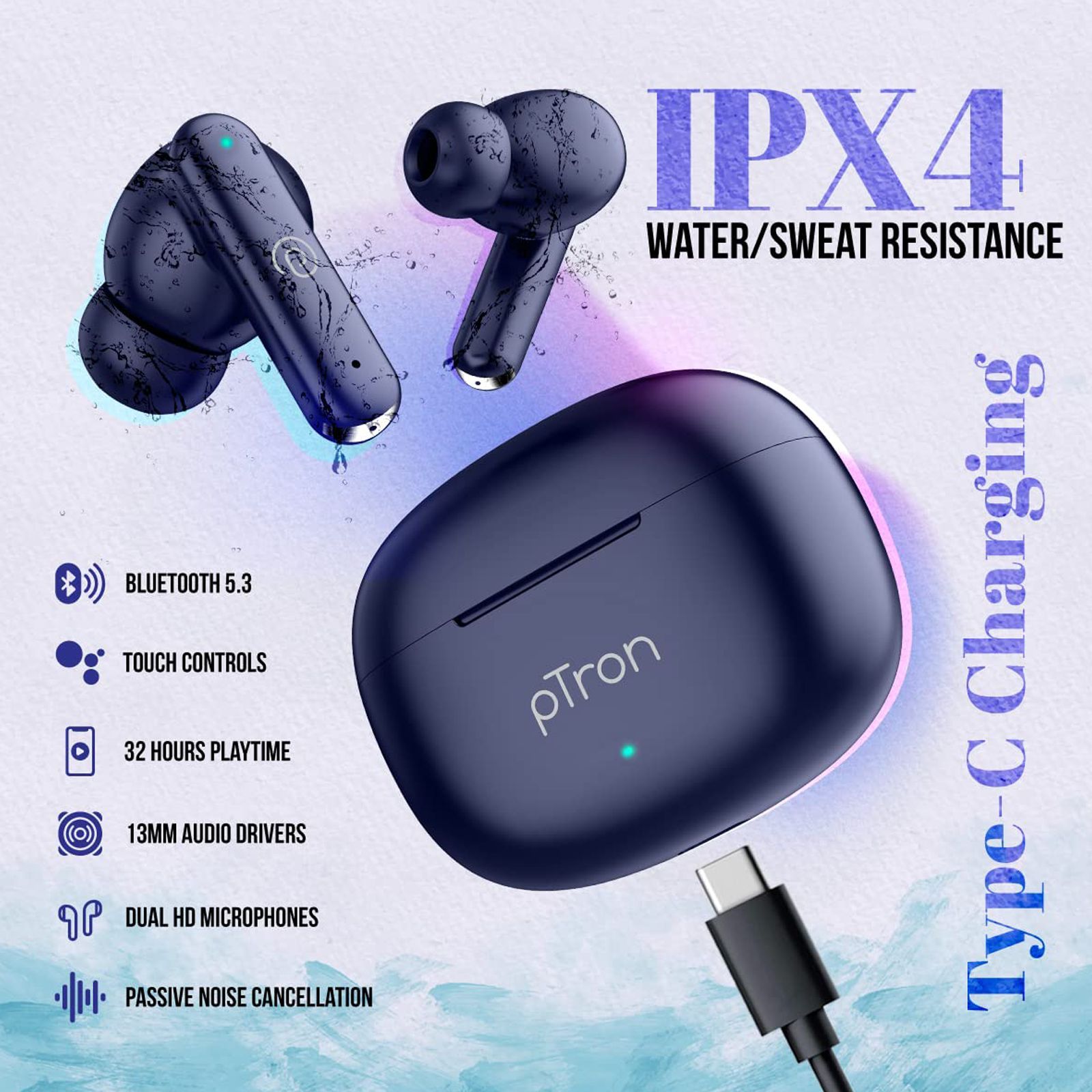 pTron Bassbuds Air TWS Earbuds with Passive Noise Cancellation (IPX4 Water Resistant, Smart Touch Control, Blue) pTron Bassbuds Air TWS Earbuds with Passive Noise Cancellation (IPX4 Water Resistant, Smart Touch Control, Blue)_4