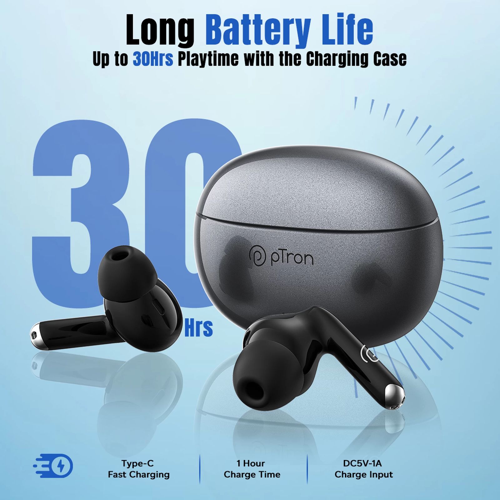 pTron Basspods Glamor 140318643 TWS Earbuds with Environmental Noise Cancellation (IPX4 Water Resistant, Fast Charging, Grey/Black)_5