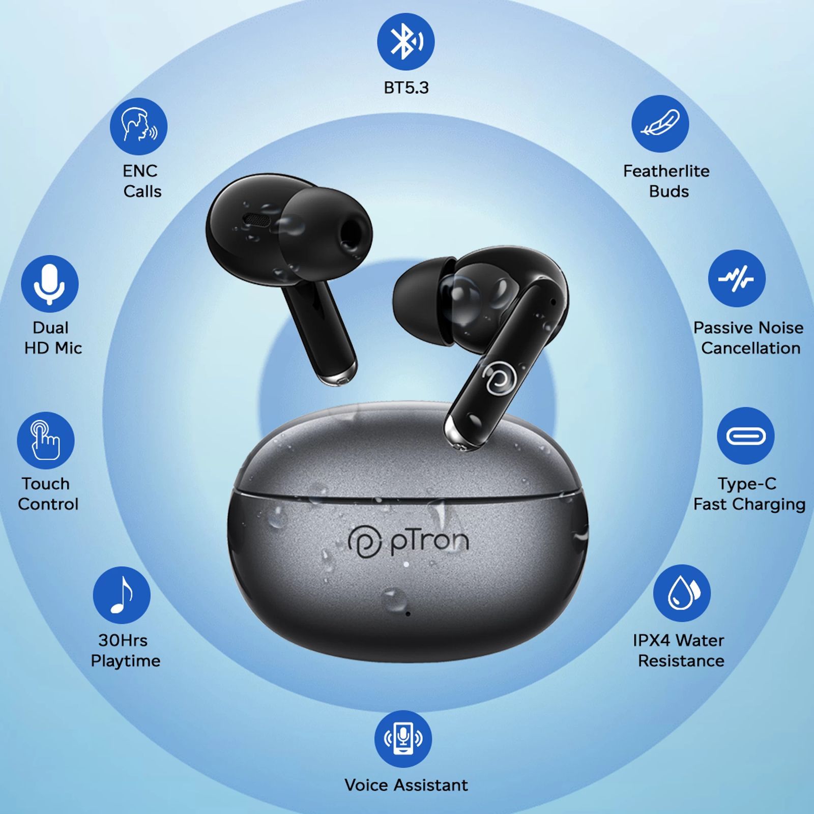 pTron Basspods Glamor 140318643 TWS Earbuds with Environmental Noise Cancellation (IPX4 Water Resistant, Fast Charging, Grey/Black)_6