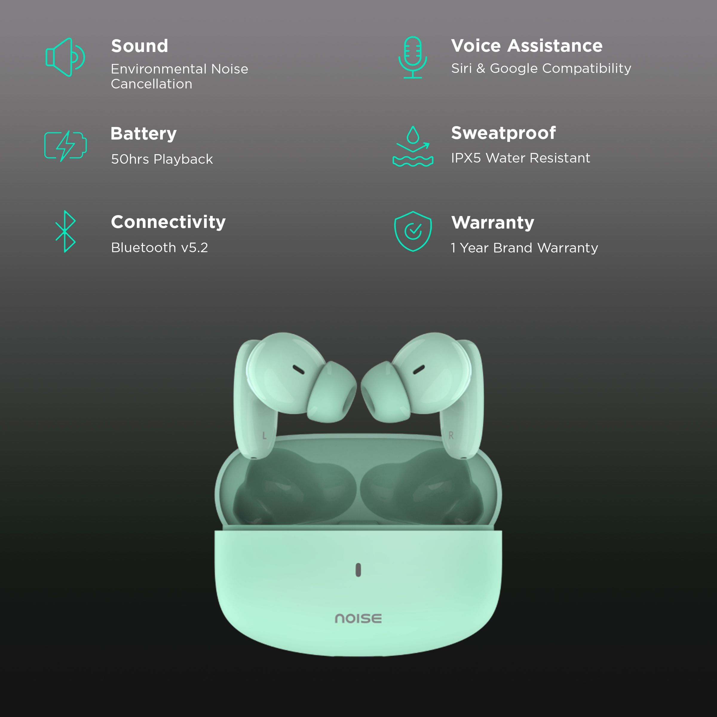 noise Buds Connect TWS Earbuds with Environmental Noise Cancellation (IPX5 Water Resistant, Hands Free Calling, Mint Green)_2