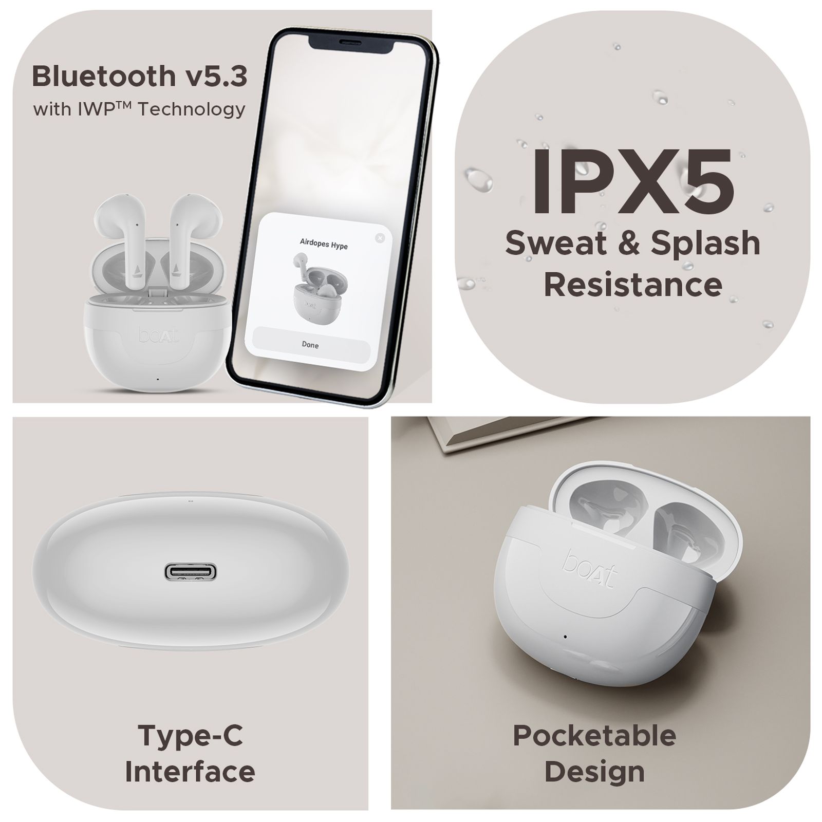 boAt Airdopes Hype TWS Earbuds with Environmental Noise Cancellation (IPX5 Water Resistant, ASAP Charge, Pearl White) boAt Airdopes Hype TWS Earbuds with Environmental Noise Cancellation (IPX5 Water Resistant, ASAP Charge, Pearl White)_5