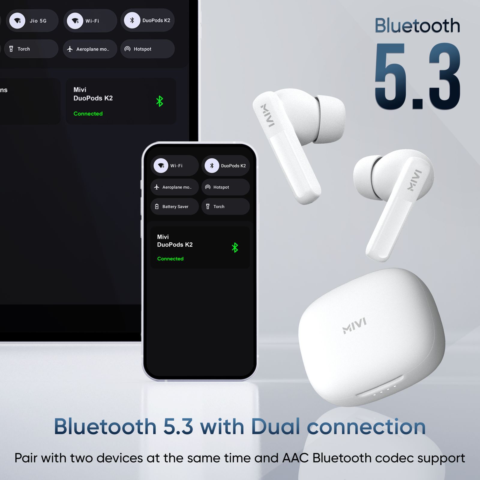 MIVI DuoPods T20 TWS Earbuds with Environmental Noise Cancellation (IPX4 Water Resistant, 45 Hours Playtime, White)_6
