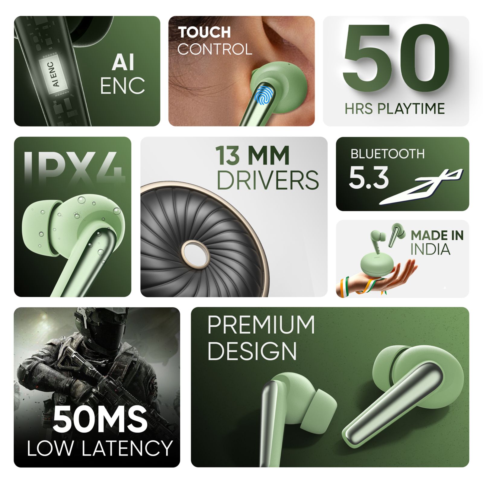 MIVI DuoPods T50 TWS Earbuds with Environmental Noise Cancellation (IPX4 Sweat Resistant, 13mm Bass Drivers, Lush Green) MIVI DuoPods T50 TWS Earbuds with Environmental Noise Cancellation (IPX4 Sweat Resistant, 13mm Bass Drivers, Lush Green)_8