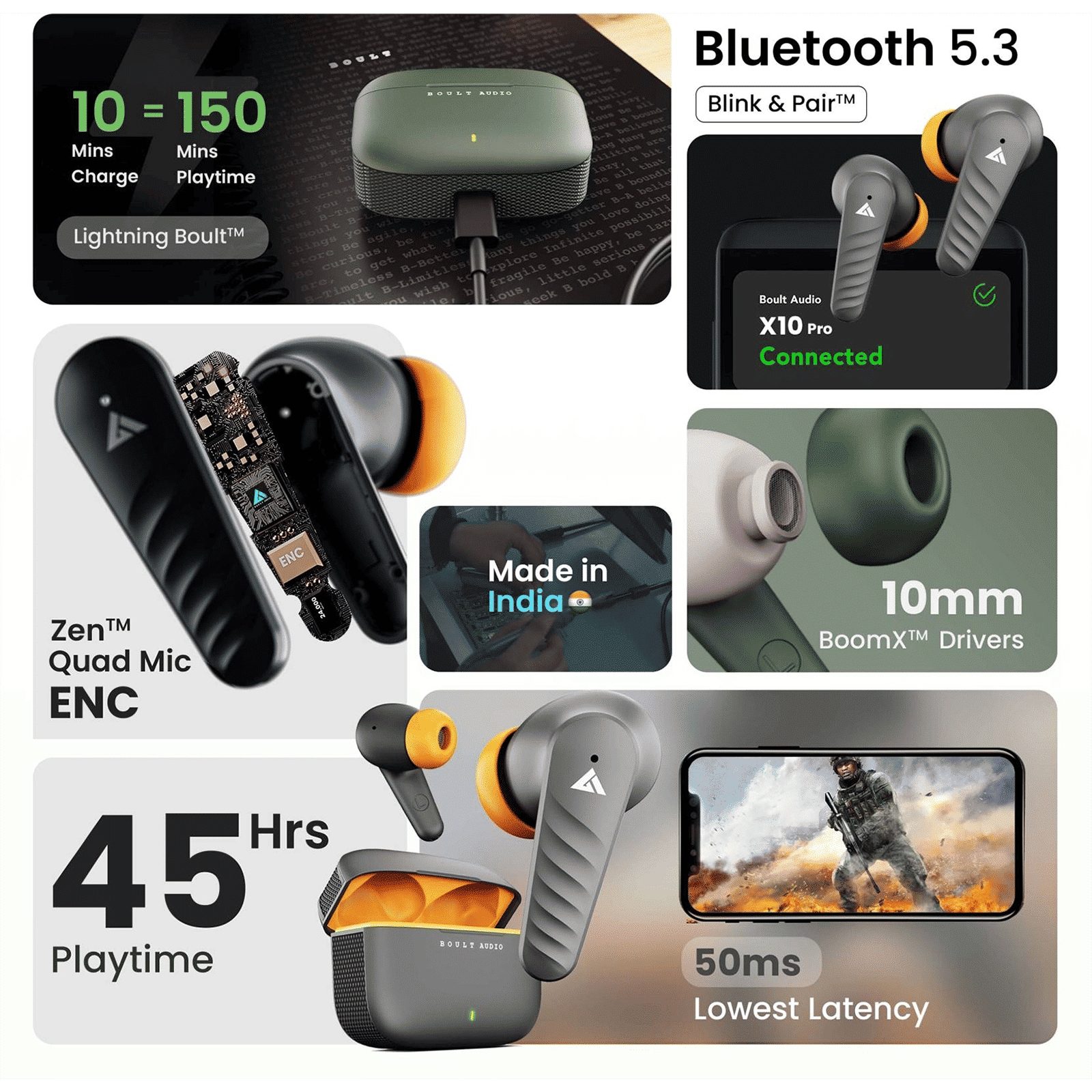 GOBOULT X10 Pro TWS Earbuds with Environmental Noise Cancellation (IPX5 Water Resistant, Fast Charging, Green)_9