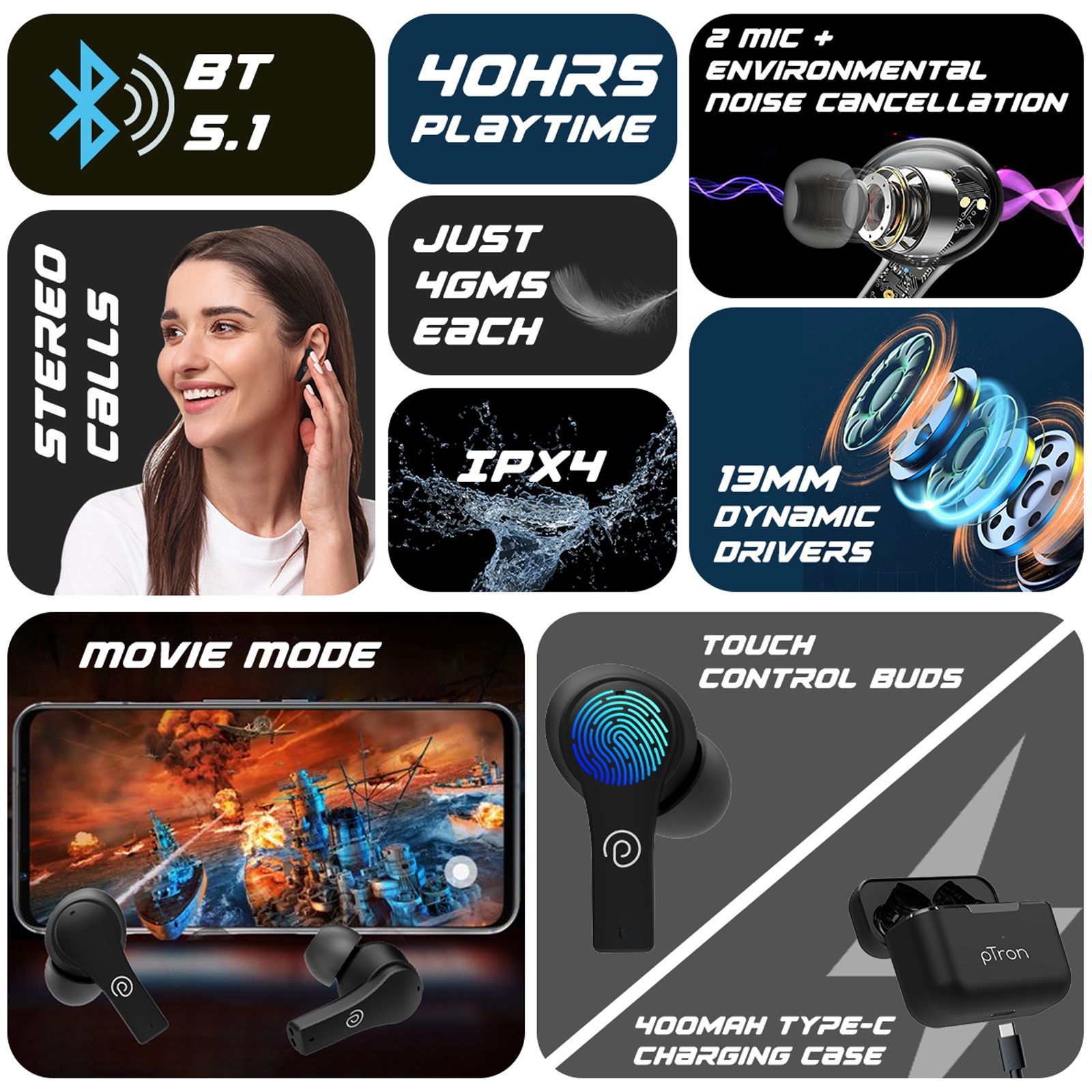 pTron Basspods Buds Plus TWS Earbuds with Environmental Noise Cancellation (IPX4 Water Resistant, 13mm Dynamic Drivers, Black) pTron Basspods Buds Plus TWS Earbuds with Environmental Noise Cancellation (IPX4 Water Resistant, 13mm Dynamic Drivers, Black)_8