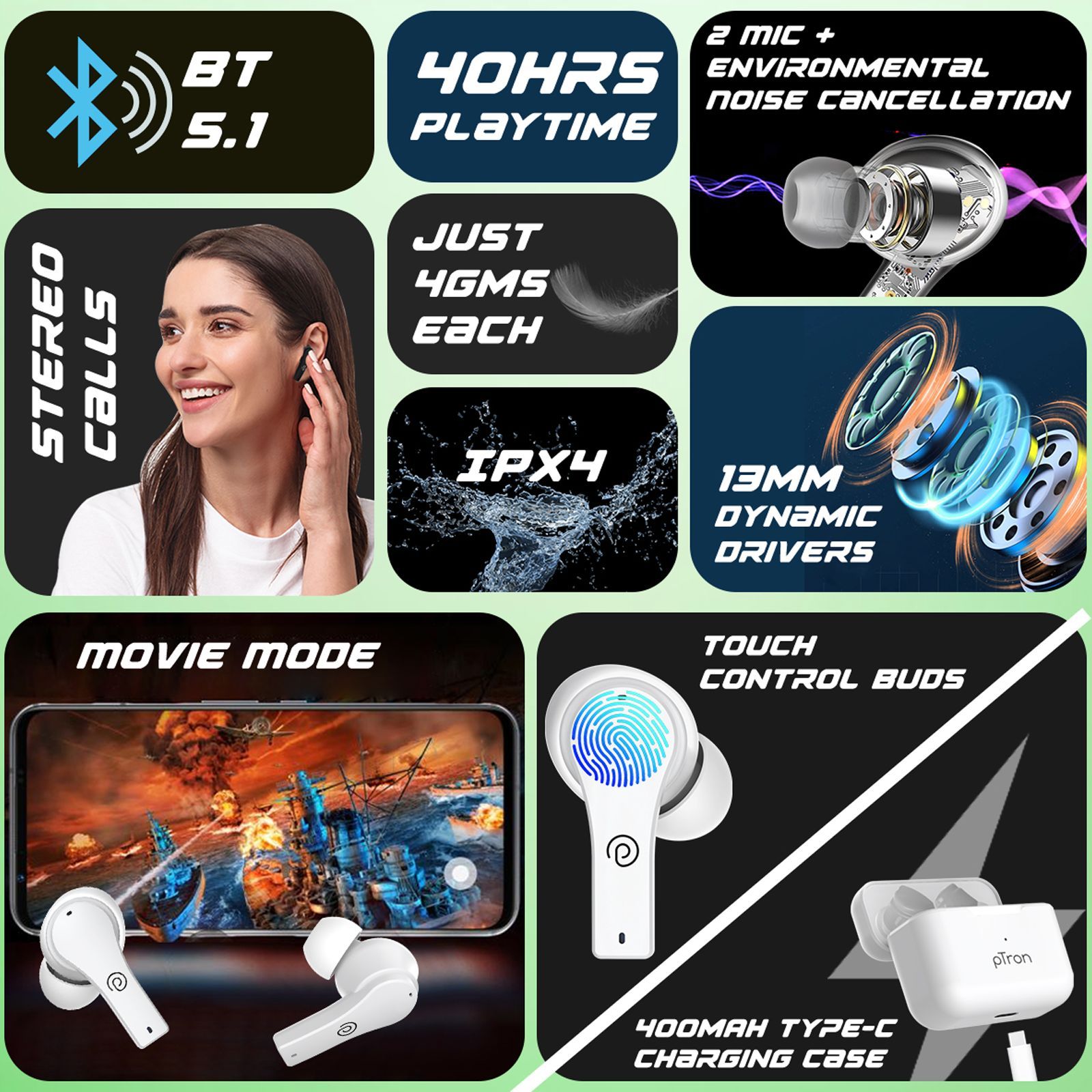 pTron Basspods Buds Plus TWS Earbuds with Environmental Noise Cancellation (IPX4 Water Resistant, 40 Hours Playtime, White) pTron Basspods Buds Plus TWS Earbuds with Environmental Noise Cancellation (IPX4 Water Resistant, 40 Hours Playtime, White)_8