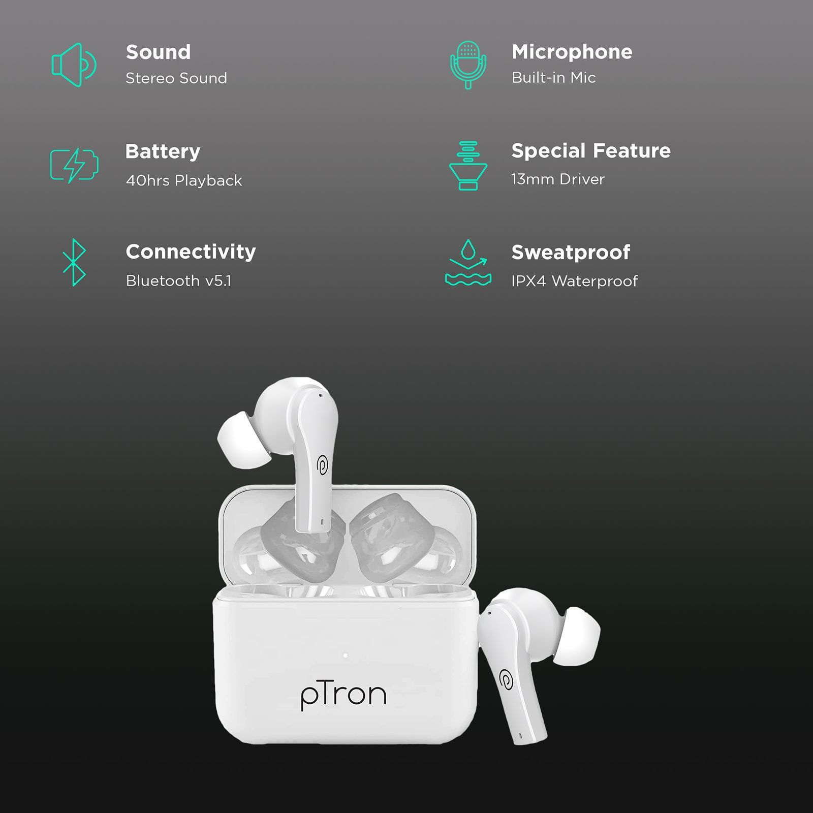pTron Basspods Buds Plus TWS Earbuds with Environmental Noise Cancellation (IPX4 Water Resistant, 40 Hours Playtime, White) pTron Basspods Buds Plus TWS Earbuds with Environmental Noise Cancellation (IPX4 Water Resistant, 40 Hours Playtime, White)_2