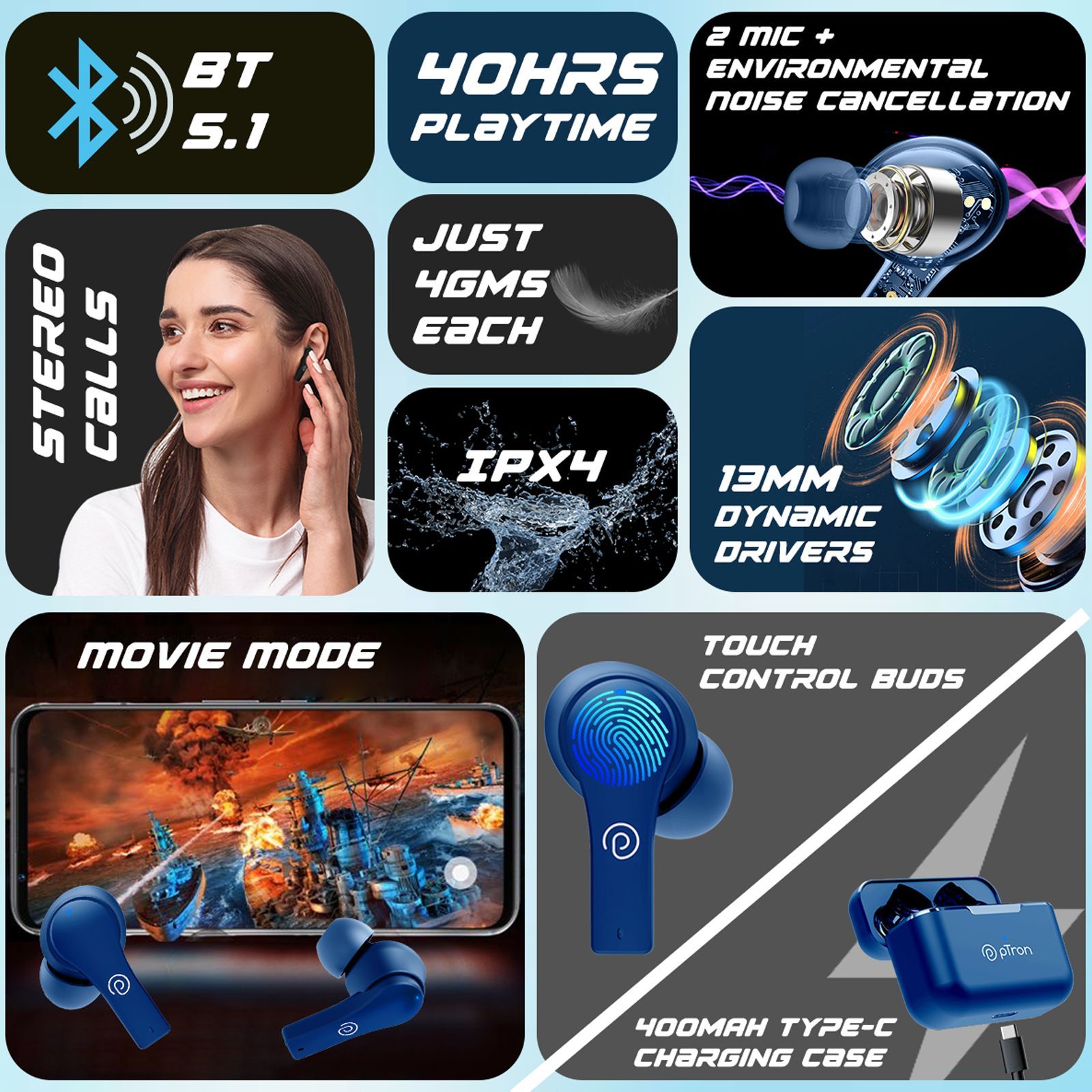 pTron Basspods Buds Plus TWS Earbuds with Environmental Noise Cancellation (IPX4 Water Resistant, 13mm Dynamic Drivers, Blue) pTron Basspods Buds Plus TWS Earbuds with Environmental Noise Cancellation (IPX4 Water Resistant, 13mm Dynamic Drivers, Blue)_2