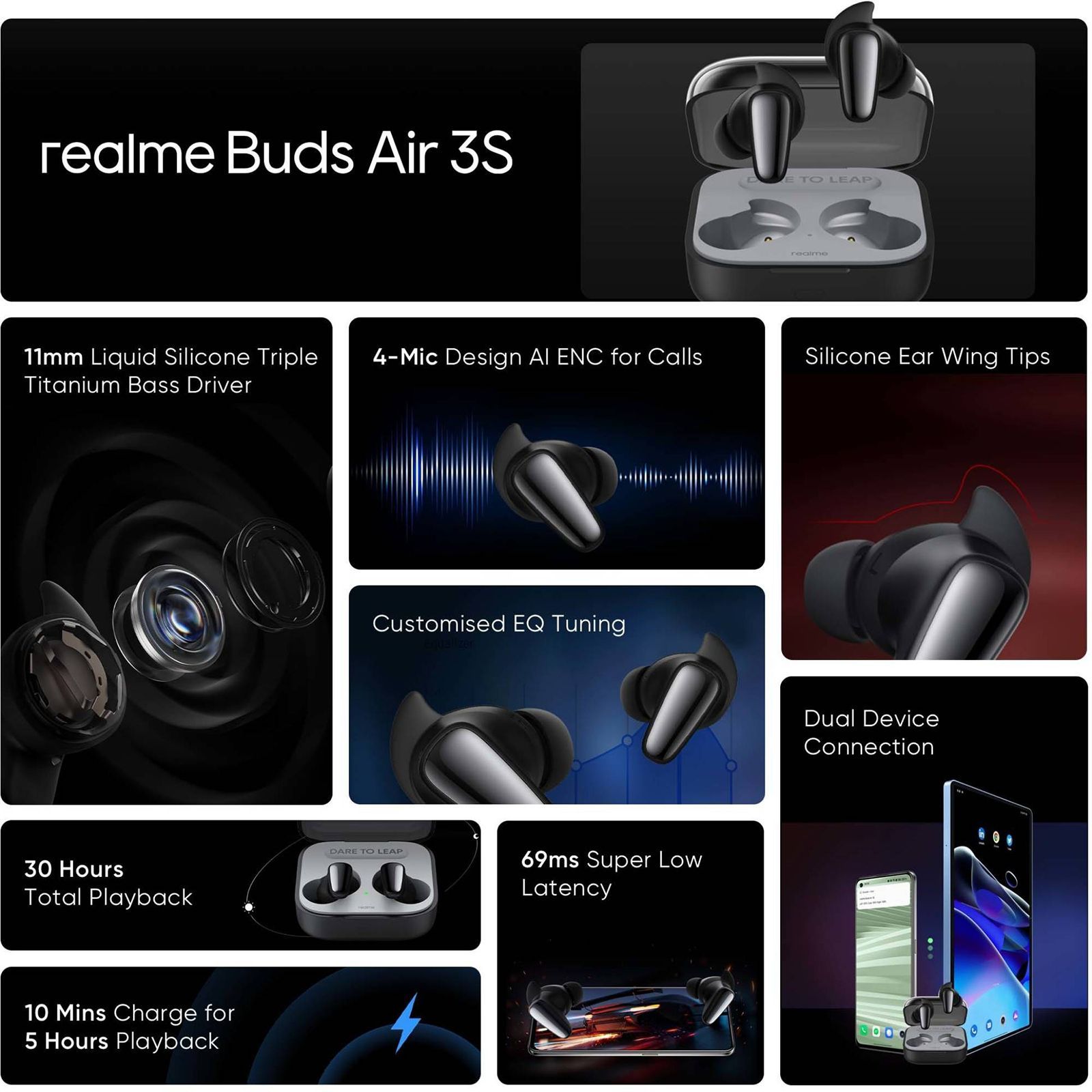realme Buds Air 3S TWS Earbuds with Environmental Noise Cancellation (IPX5 Water Resistant, 11mm Triple Titanium Driver, Bass Black)_6