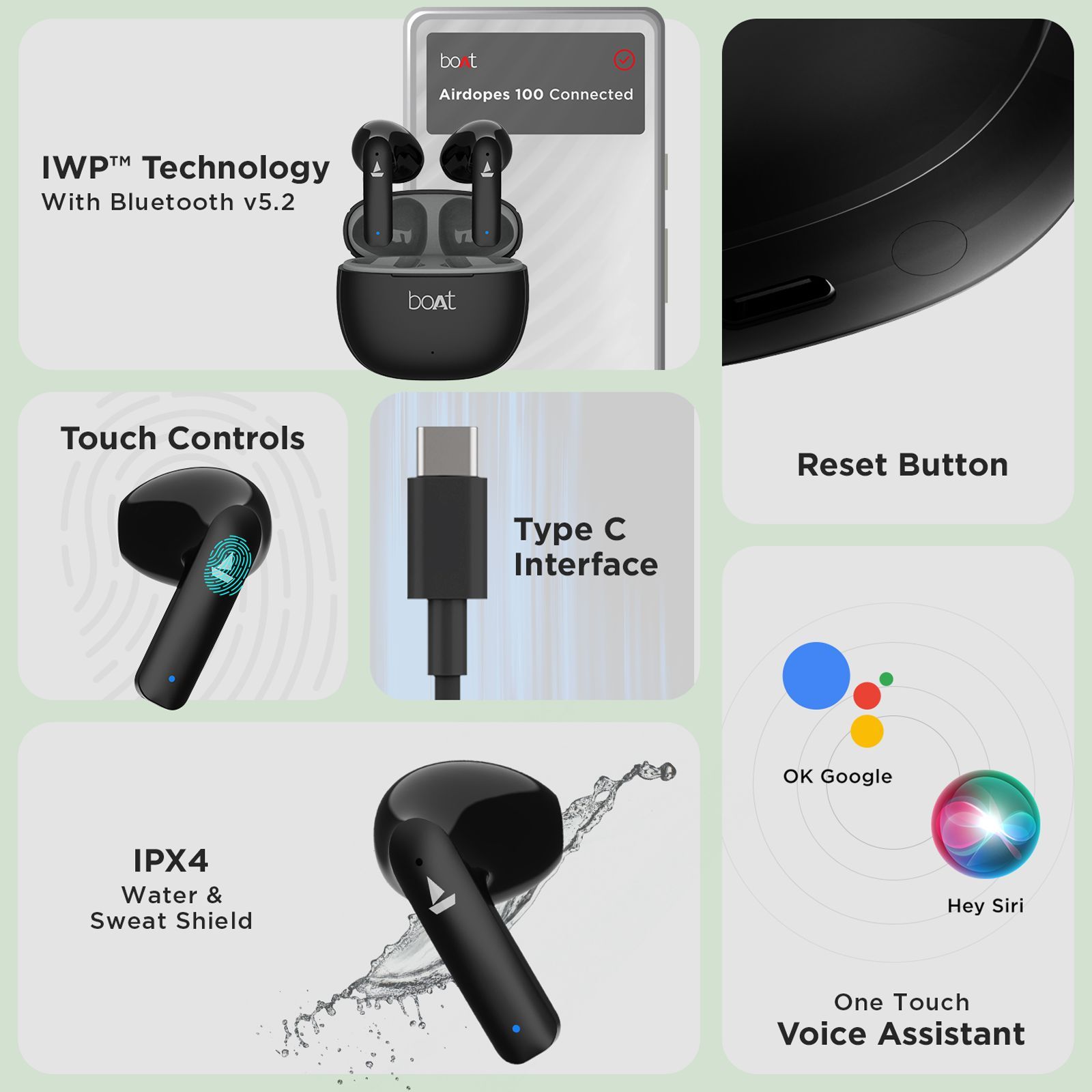 boAt Airdopes 100 TWS Earbuds with Environmental Noise Cancellation (IPX4 Water Resistant, ASAP Charge, Opal Black) boAt Airdopes 100 TWS Earbuds with Environmental Noise Cancellation (IPX4 Water Resistant, ASAP Charge, Opal Black)_5