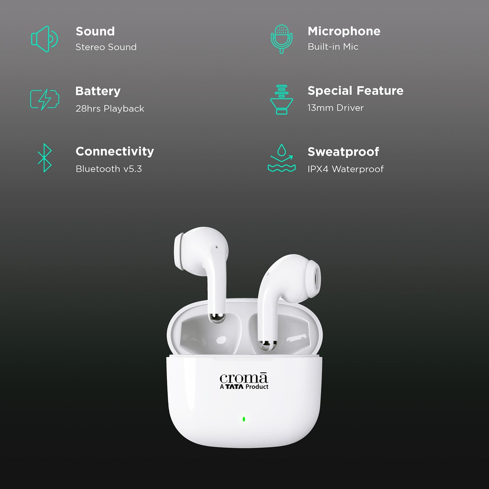 Croma IN 101 TWS Earbuds with Passive Noise Cancellation (IPX4 Water Resistant, 28 Hours Playback White)_2