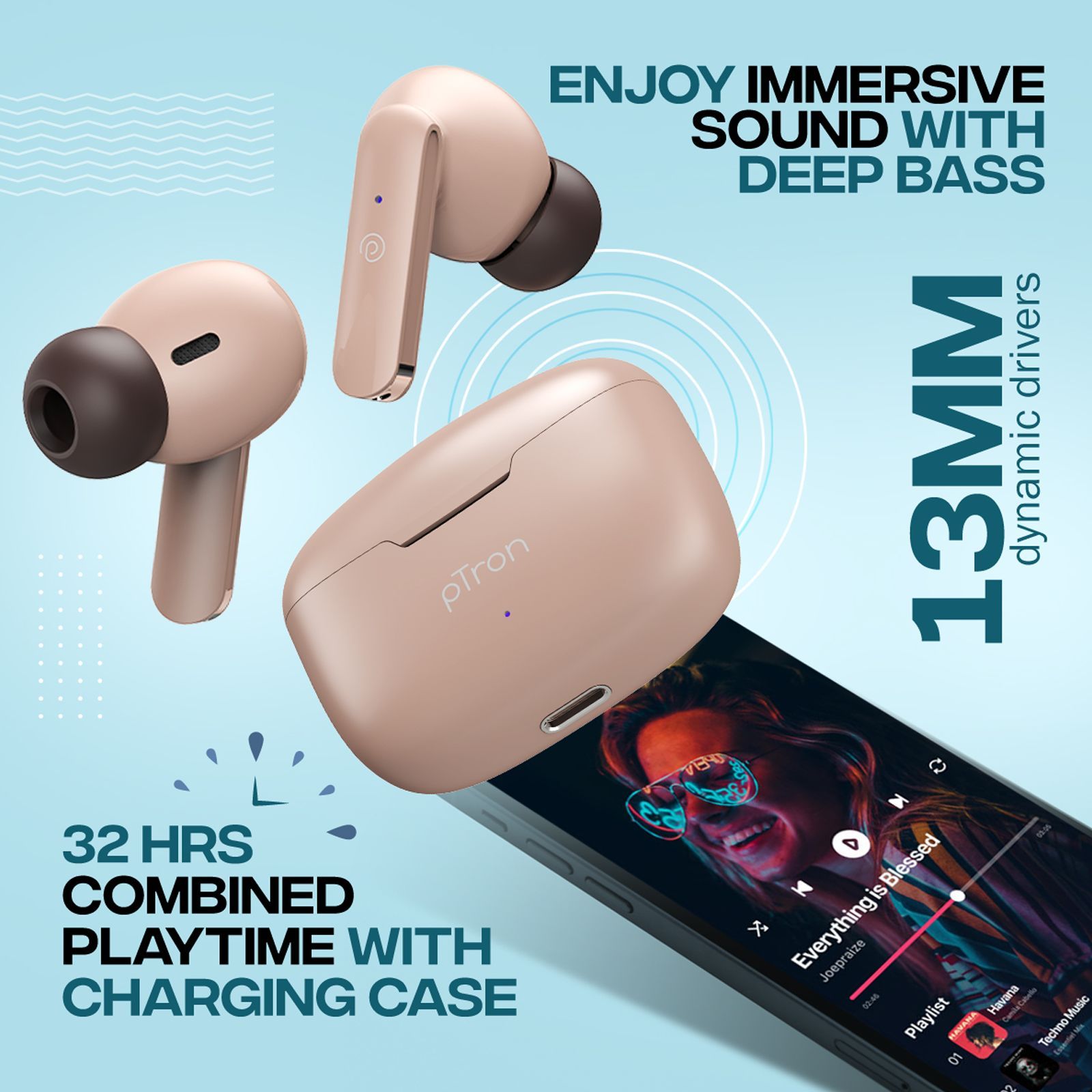 pTron Bassbuds Air In-Ear Truly Wireless Earbuds WITH MIC (Bluetooth 5.1,USP,Bassbuds Air,Brown)_5