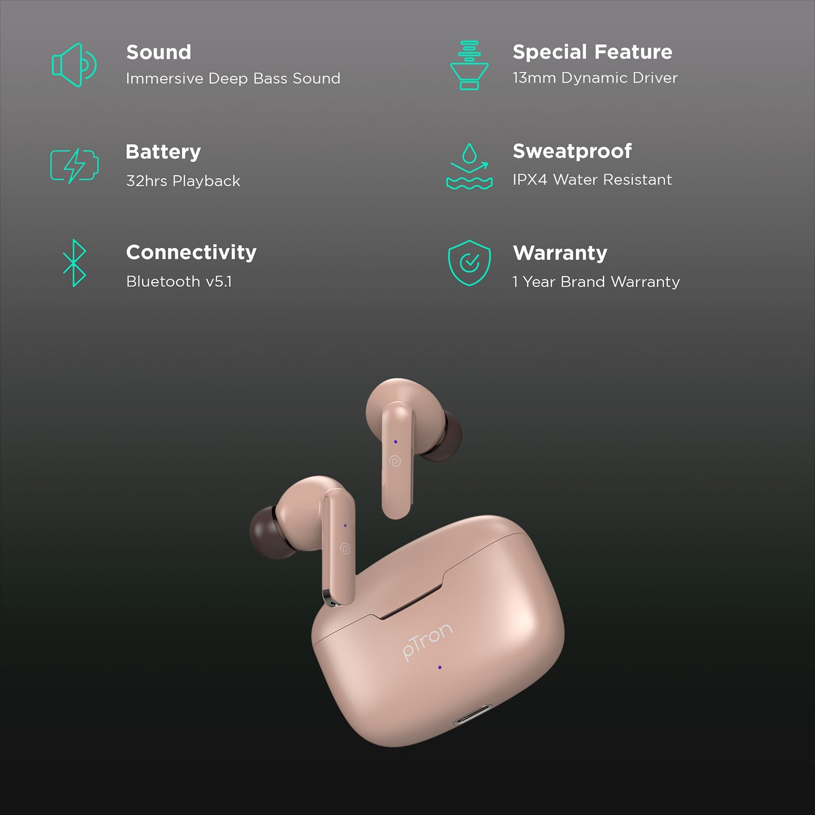 pTron Bassbuds Air In-Ear Truly Wireless Earbuds WITH MIC (Bluetooth 5.1,USP,Bassbuds Air,Brown)_2