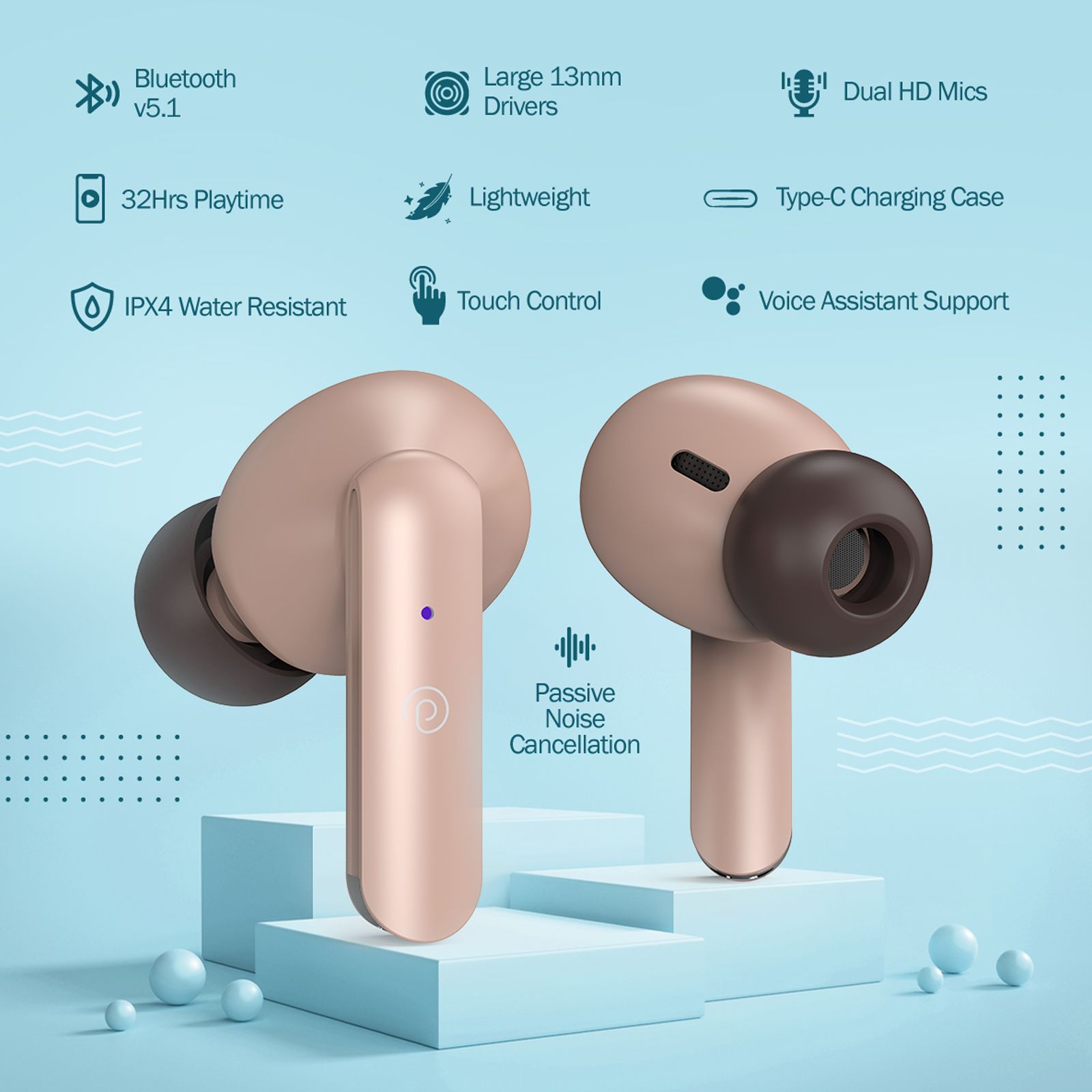 pTron Bassbuds Air In-Ear Truly Wireless Earbuds WITH MIC (Bluetooth 5.1,USP,Bassbuds Air,Brown)_3