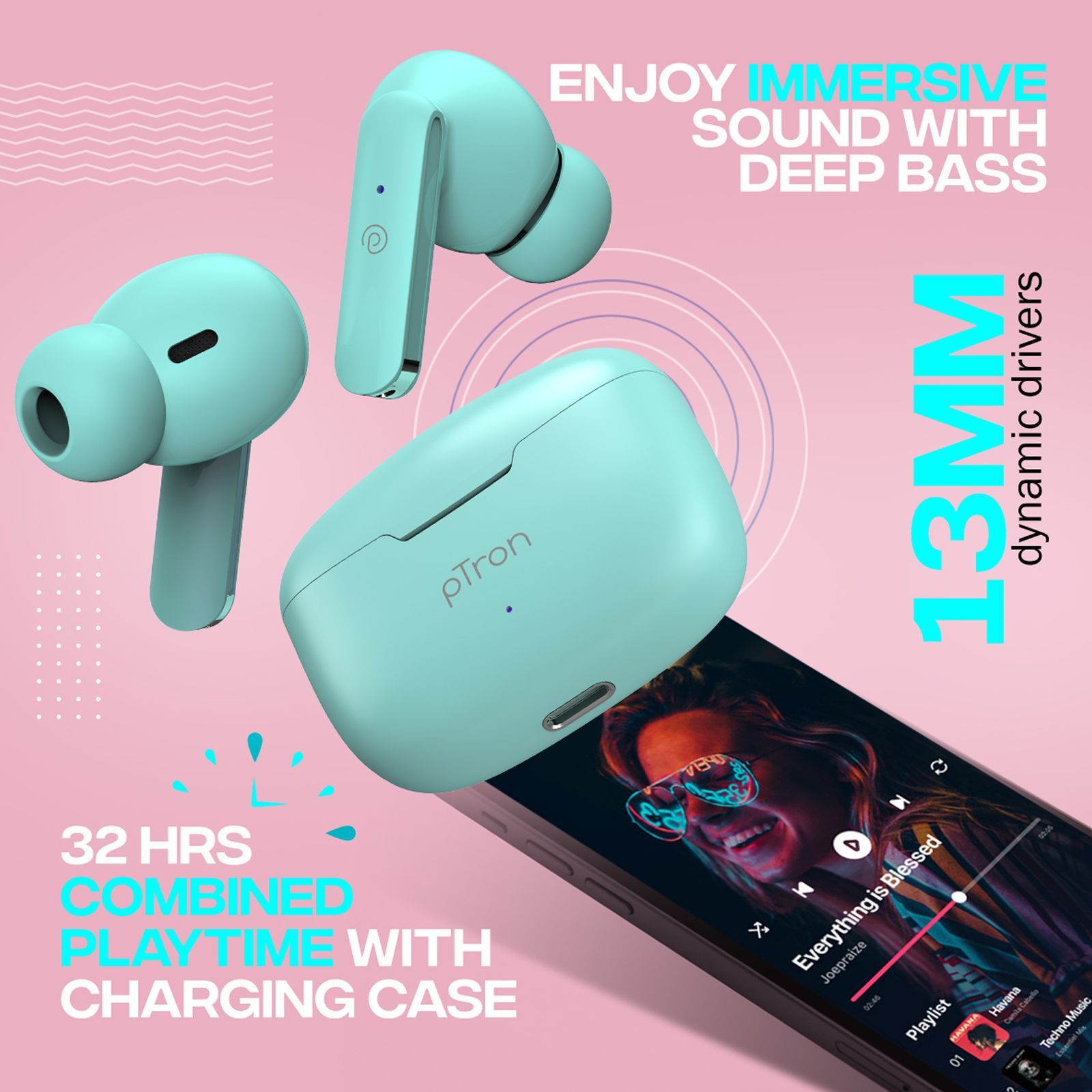 pTron Bassbuds Air TWS Earbuds with Passive Noise Cancellation (IPX4 Water Resistant, Touch Control, Mint Green)_5