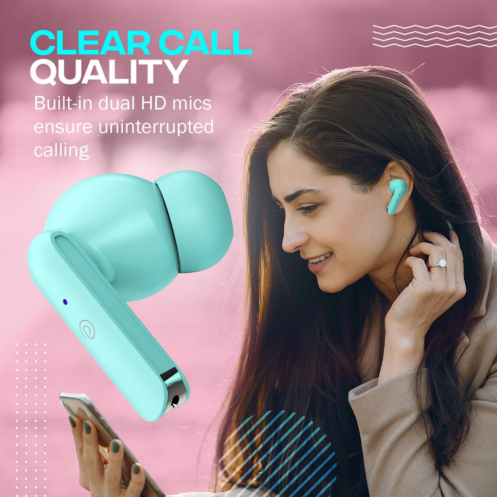 pTron Bassbuds Air TWS Earbuds with Passive Noise Cancellation (IPX4 Water Resistant, Touch Control, Mint Green)_6