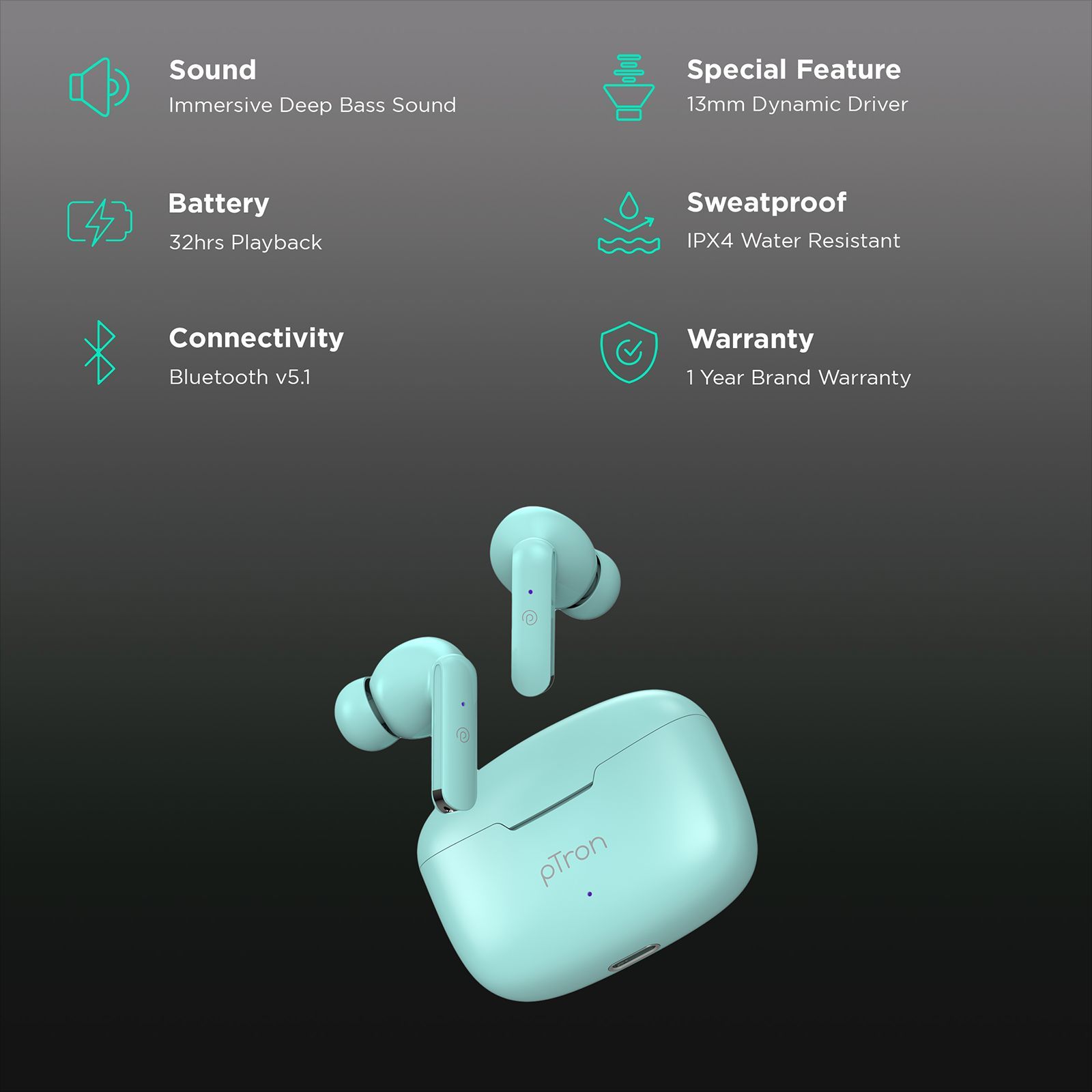 pTron Bassbuds Air TWS Earbuds with Passive Noise Cancellation (IPX4 Water Resistant, Touch Control, Mint Green)_2