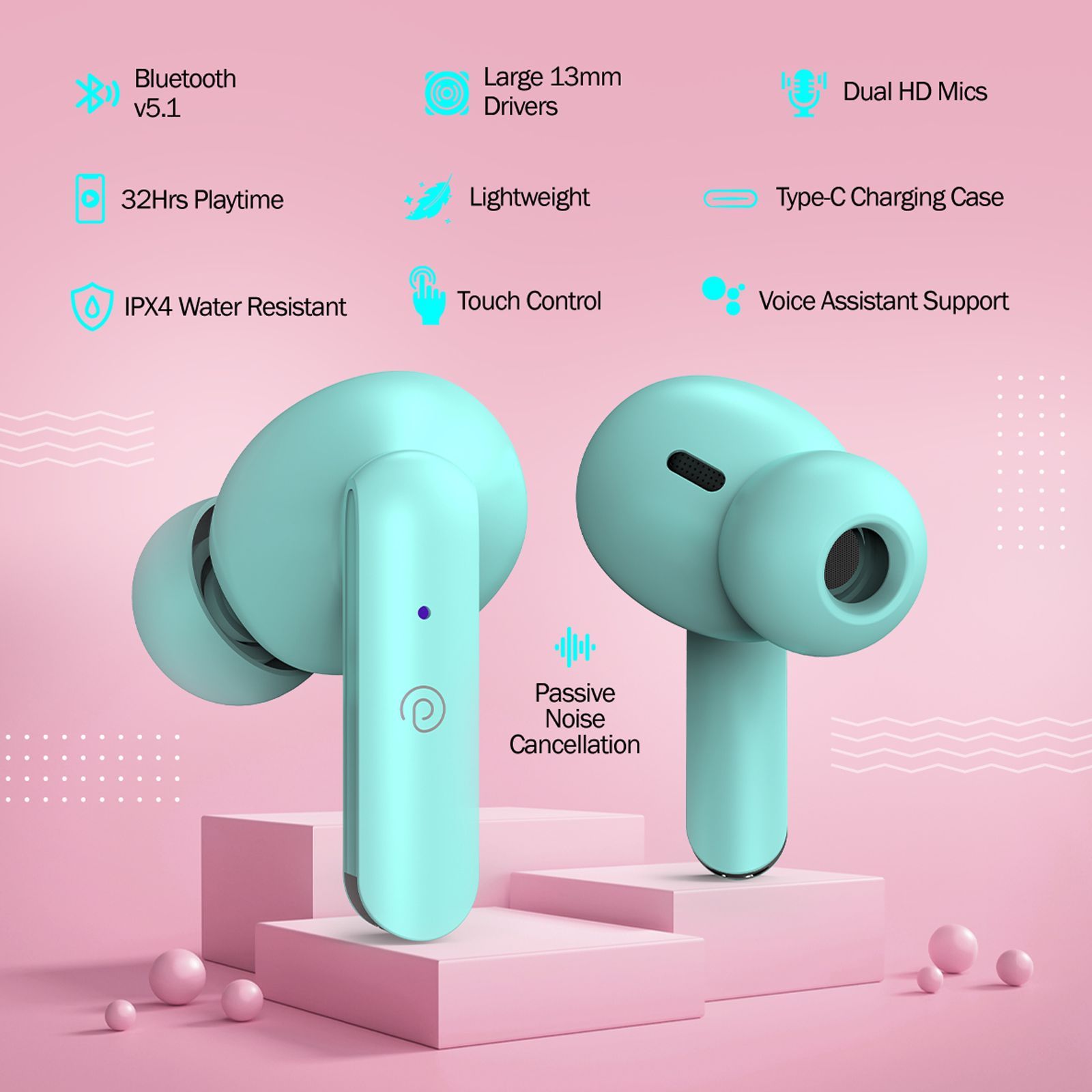 pTron Bassbuds Air TWS Earbuds with Passive Noise Cancellation (IPX4 Water Resistant, Touch Control, Mint Green)_3