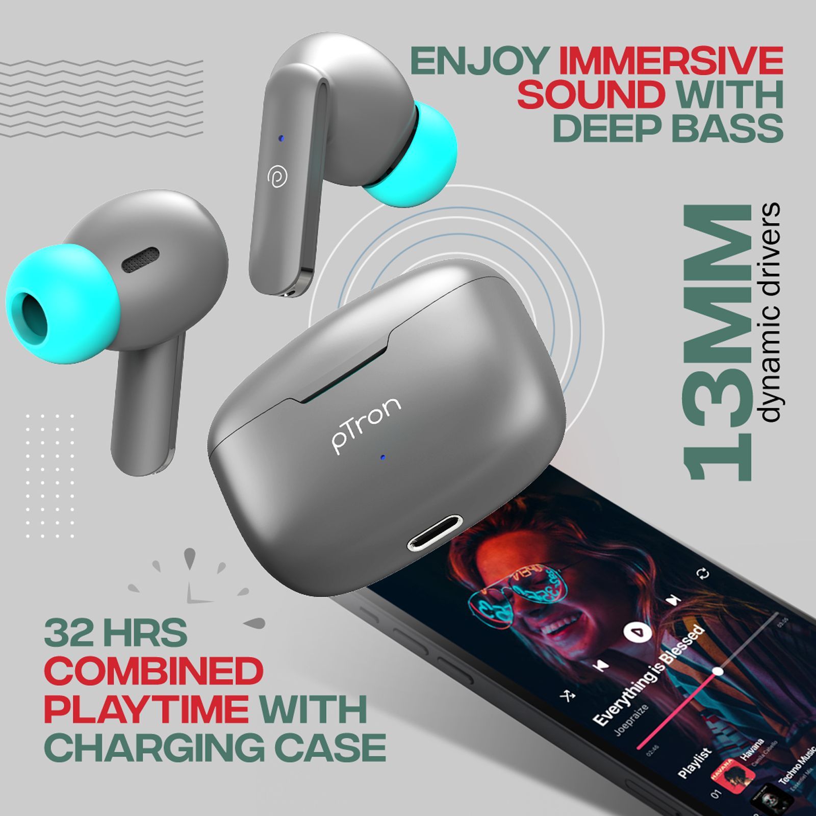 pTron Bassbuds Air TWS Earbuds with Passive Noise Cancellation (IPX4 Water Resistant, Touch Control, Grey)_5