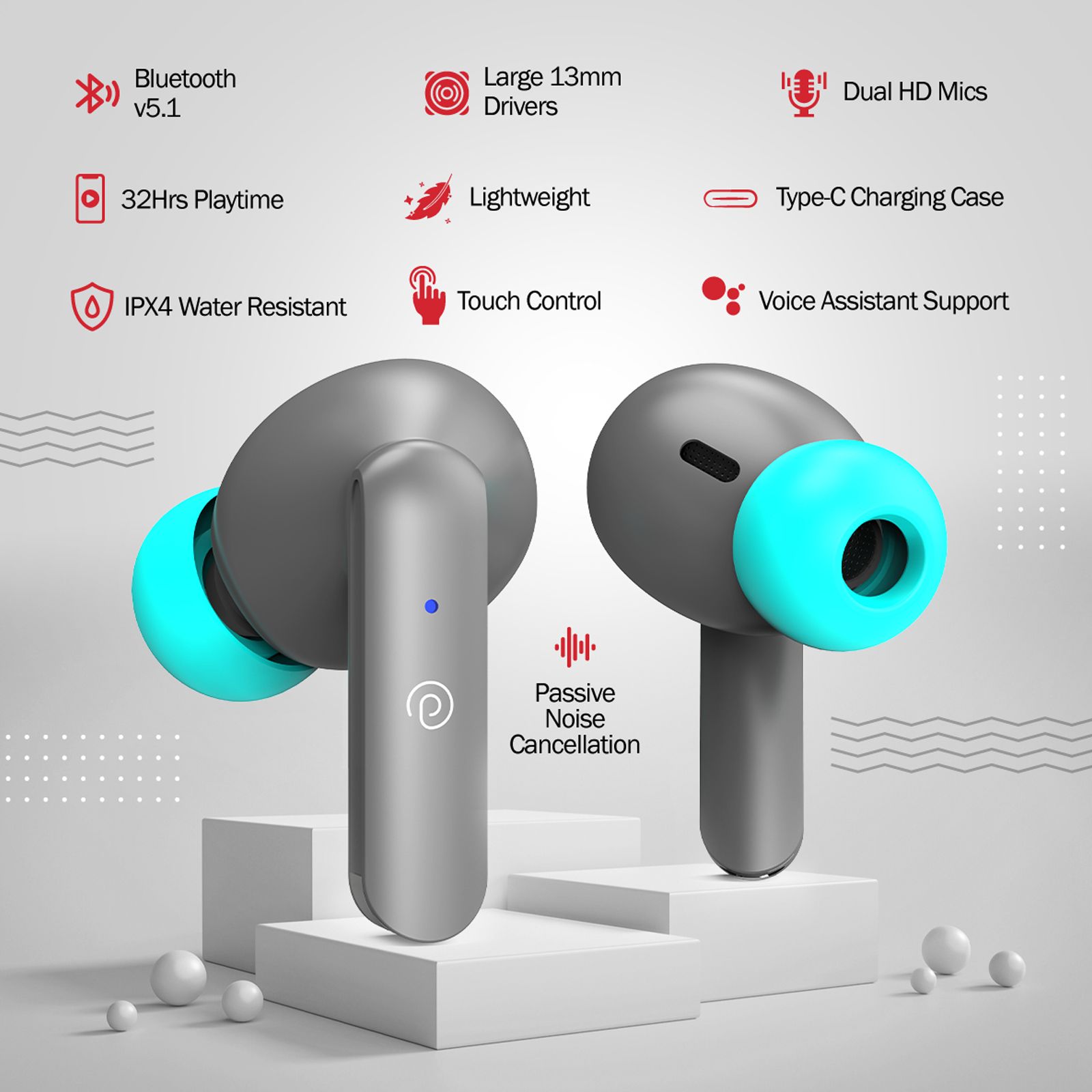 pTron Bassbuds Air TWS Earbuds with Passive Noise Cancellation (IPX4 Water Resistant, Touch Control, Grey)_3