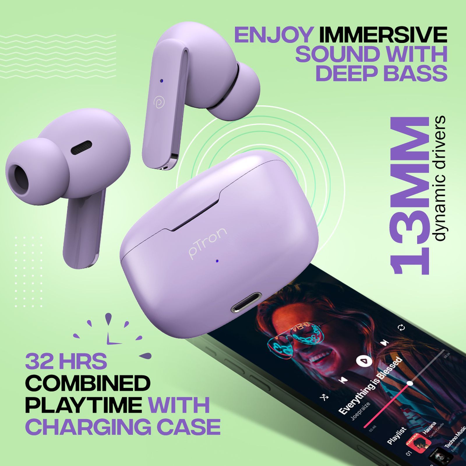 pTron Bassbuds Air TWS Earbuds with Passive Noise Cancellation (IPX4 Water Resistant, Touch Control, Purple)_5
