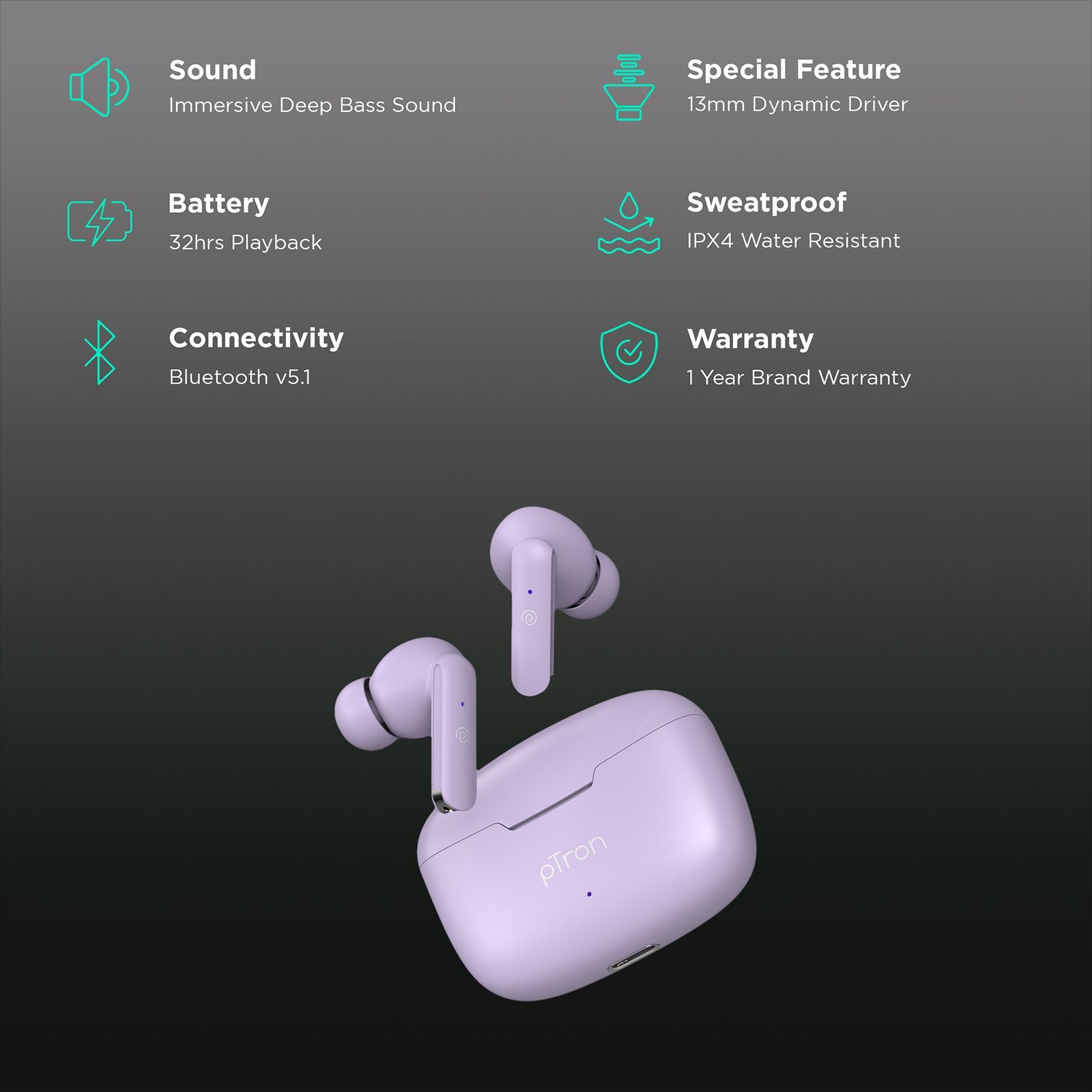 pTron Bassbuds Air TWS Earbuds with Passive Noise Cancellation (IPX4 Water Resistant, Touch Control, Purple)_2