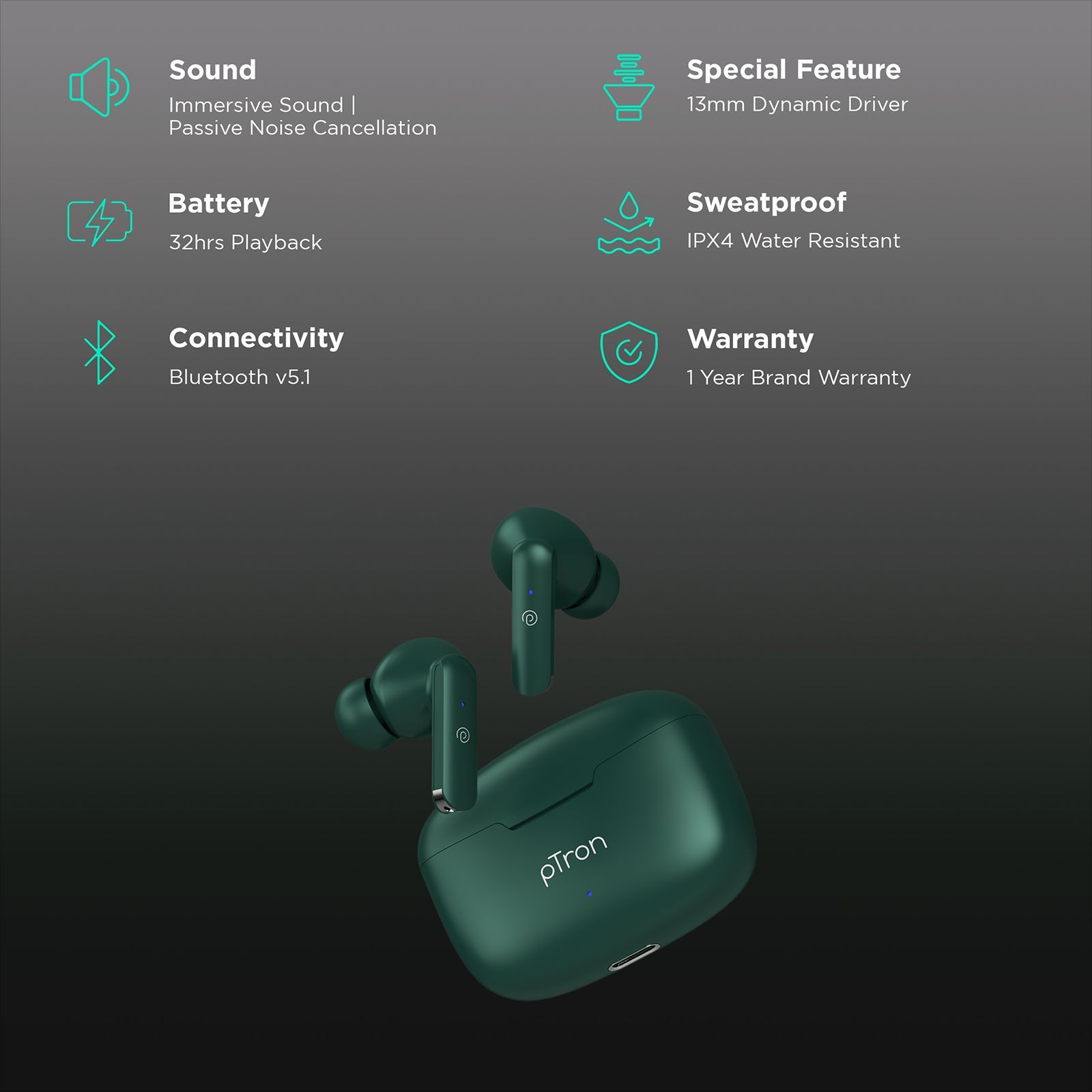 pTron Bassbuds Air TWS Earbuds with Passive Noise Cancellation (IPX4 Water Resistant, Touch Control, Green) pTron Bassbuds Air TWS Earbuds with Passive Noise Cancellation (IPX4 Water Resistant, Touch Control, Green)_2