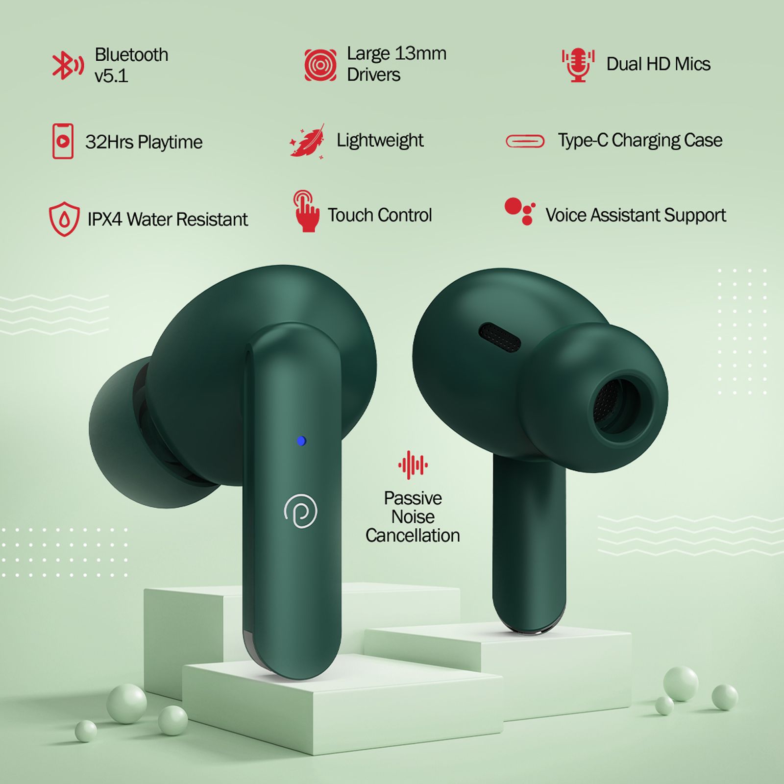 pTron Bassbuds Air TWS Earbuds with Passive Noise Cancellation (IPX4 Water Resistant, Touch Control, Green) pTron Bassbuds Air TWS Earbuds with Passive Noise Cancellation (IPX4 Water Resistant, Touch Control, Green)_4