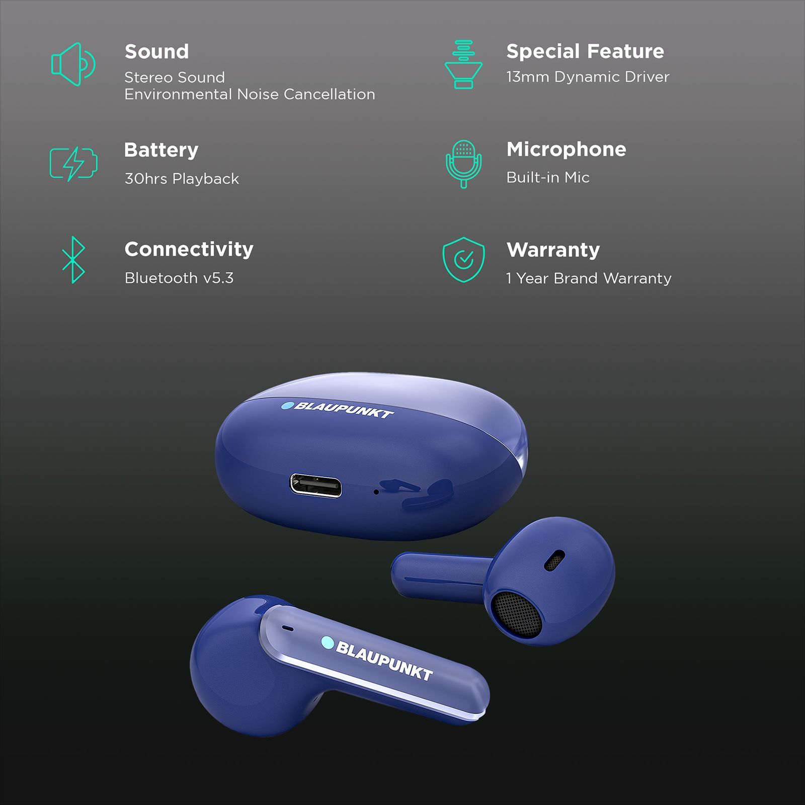 Blaupunkt BTW12 Khrome TWS Earbuds with Environment Noise Cancellation (Deep Bass Technology, TurboVolt Charging, Egyptian Blue)_2