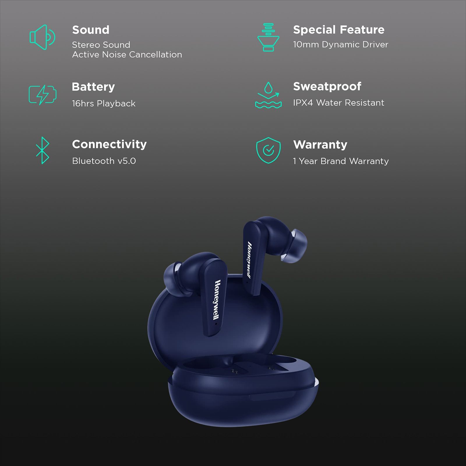 Honeywell Trueno U5000 TWS Earbuds with Active Noise Cancellation (IPX4 Water Resistant, 16 Hours of Playtime, Blue)_2