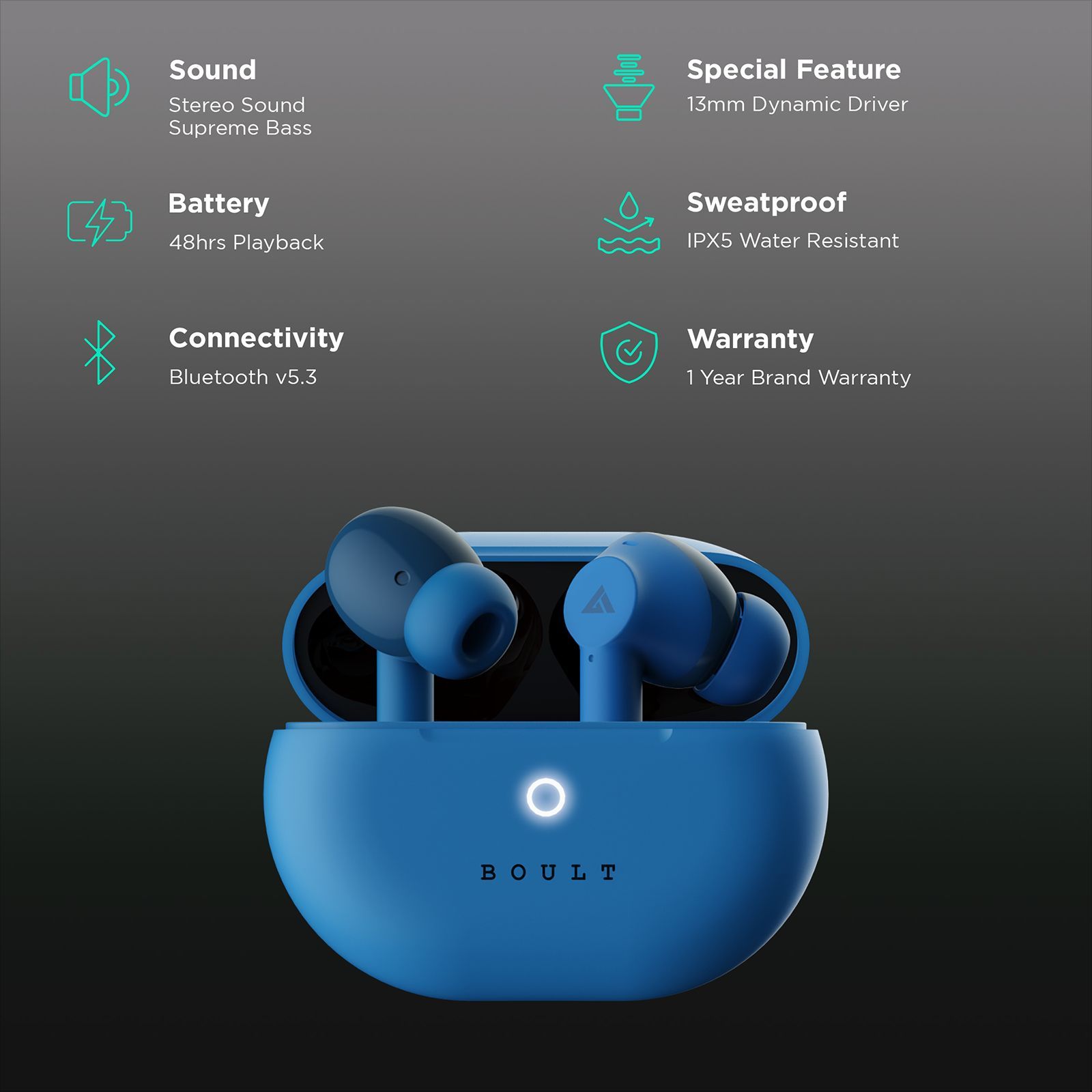 GOBOULT Airbass W40 TWS Earbuds with Environmental Noise Cancellation (IPX5 Water Resistant, Fast Charging, Denim Blue)_2